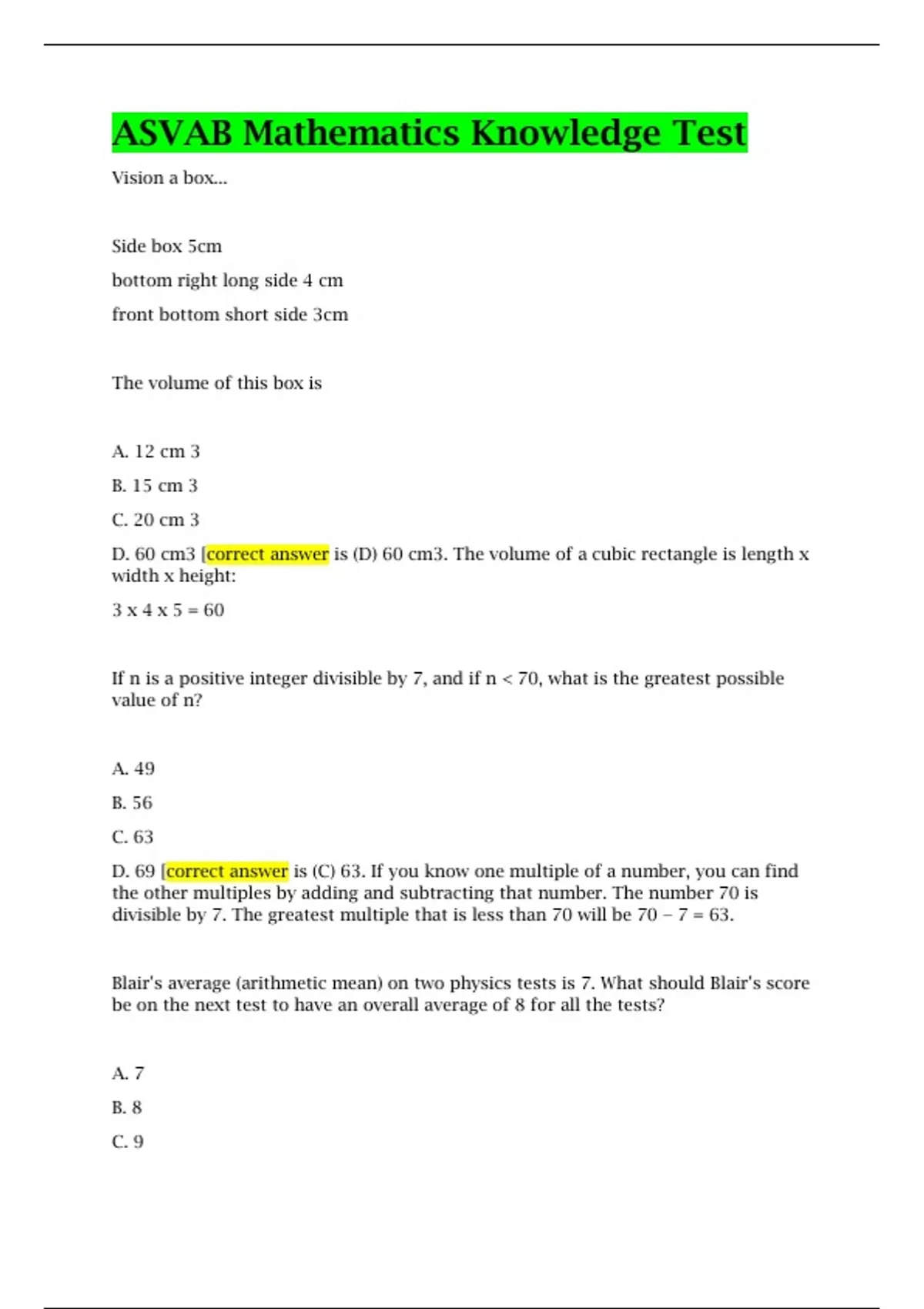 ASVAB Mathematics Knowledge Test Questions and Answers - ASVAB ...