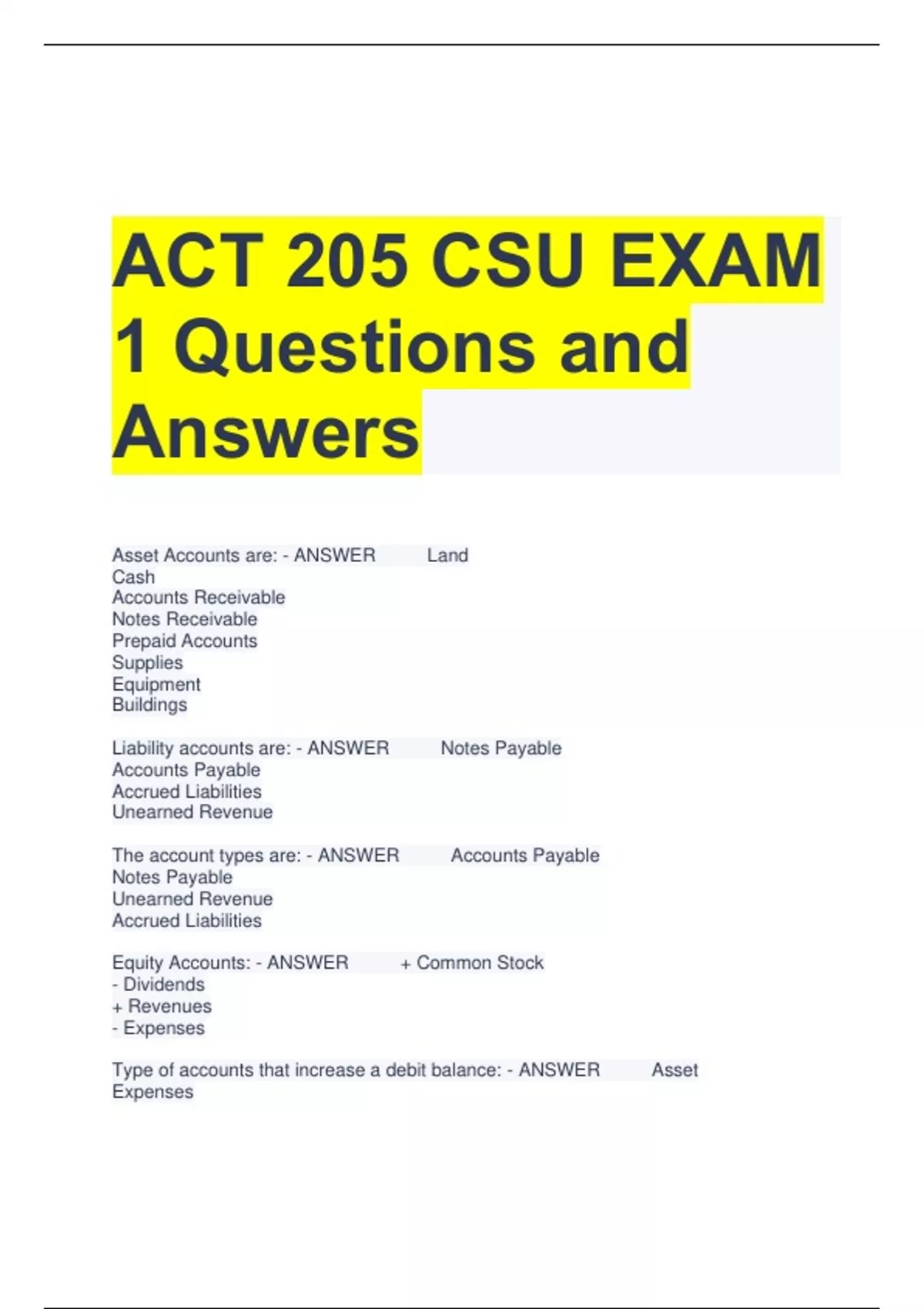ACT 205 CSU EXAM 1 Questions and Answers - ACT 205 CSU - Stuvia US