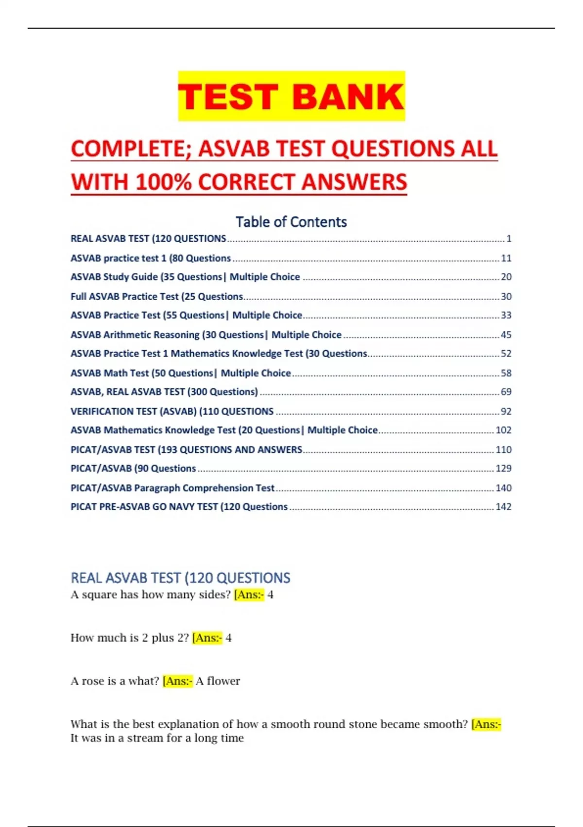 COMPLETE; ASVAB TEST QUESTIONS ALL WITH 100 CORRECT ANSWERS ASVAB