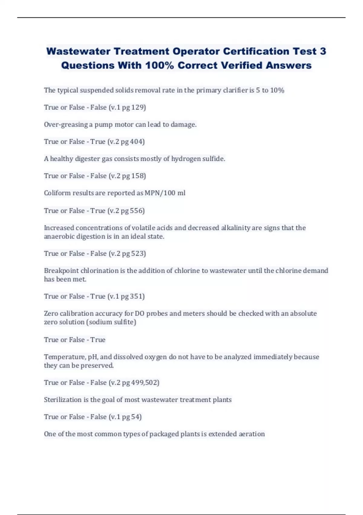 Wastewater Treatment Operator Certification Test 3 Questions With 100 Correct Verified Answers