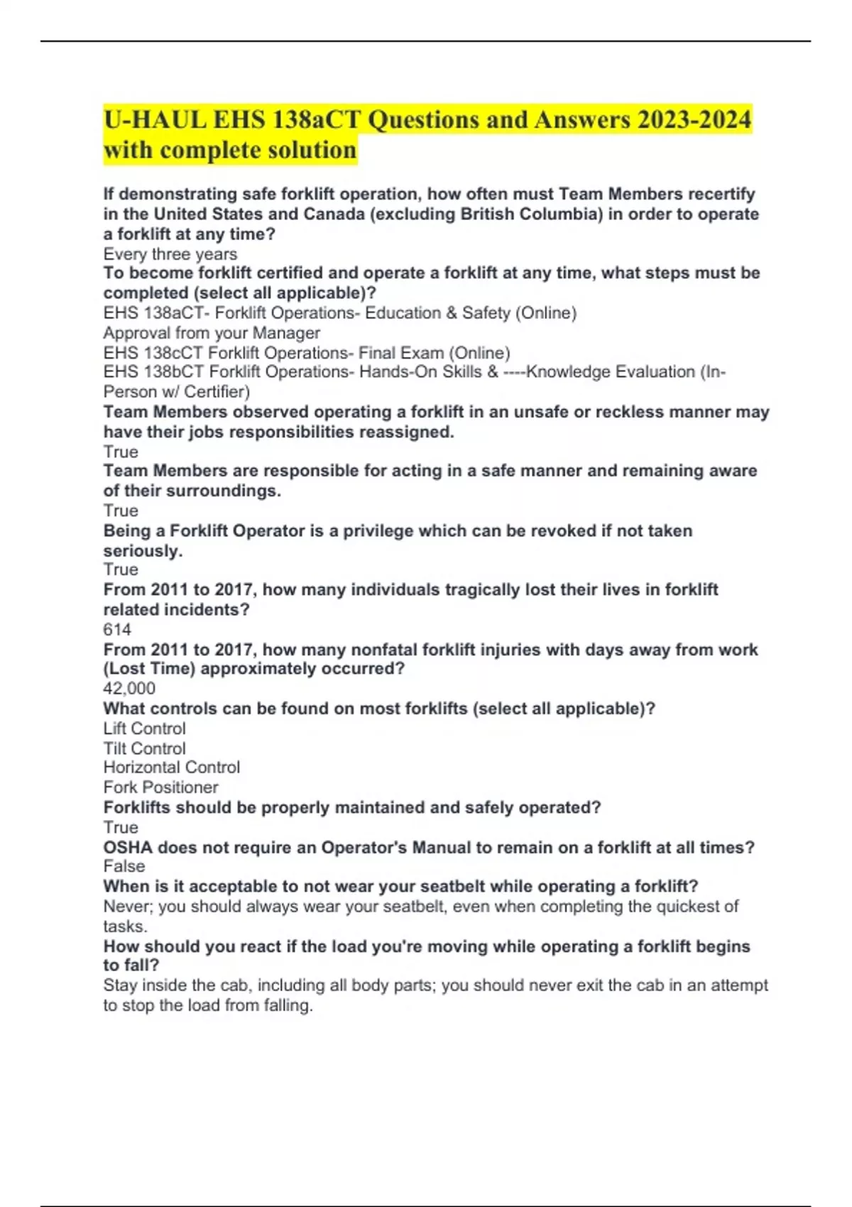UHAUL EHS 138aCT Questions and Answers with complete solution