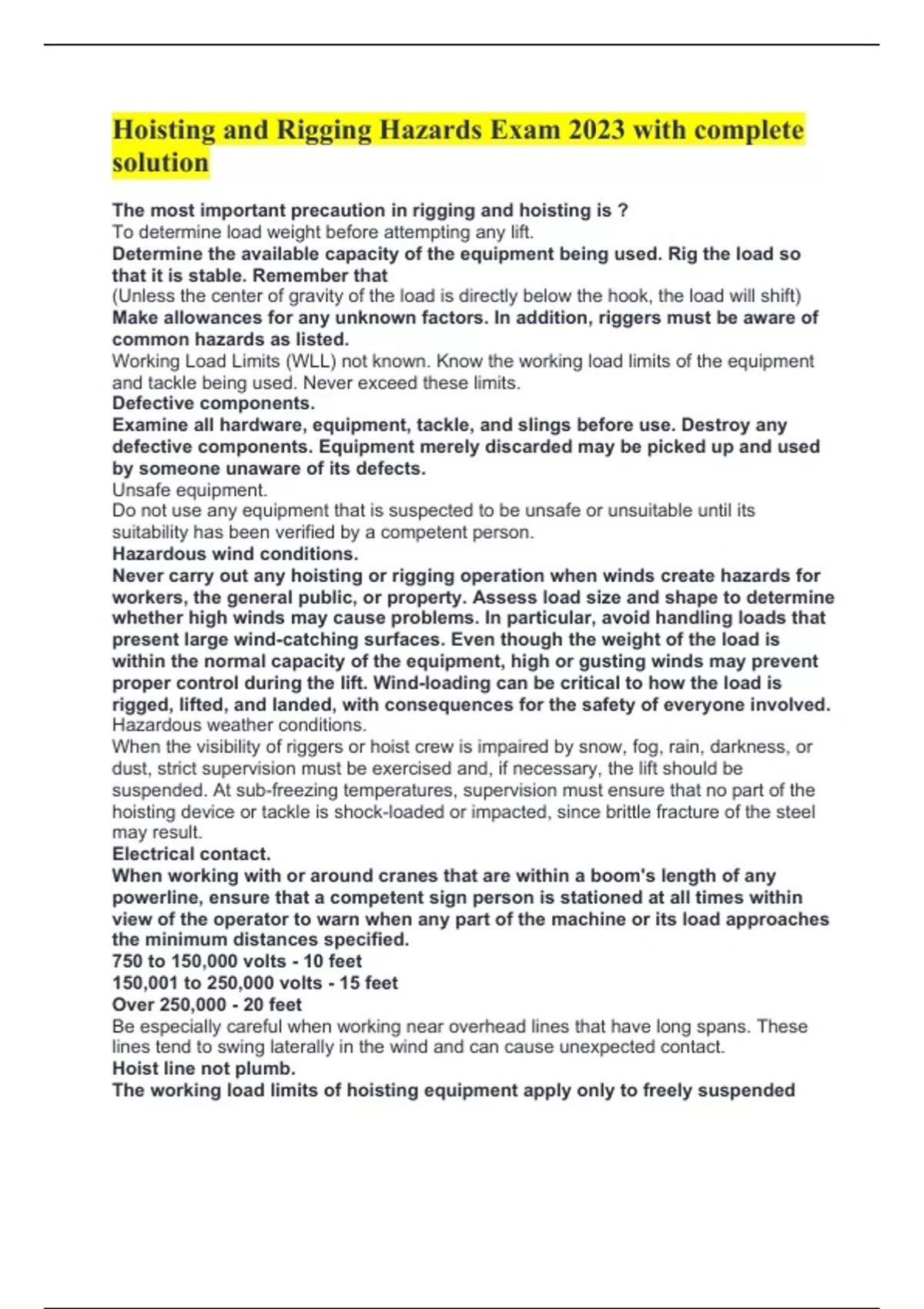 Hoisting and Rigging Hazards Exam 2023 with complete solution