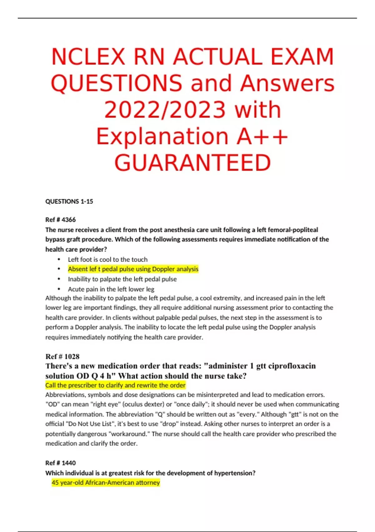 NCLEX RN ACTUAL EXAM QUESTIONS and Answers 2022/2023 with Explanation ...
