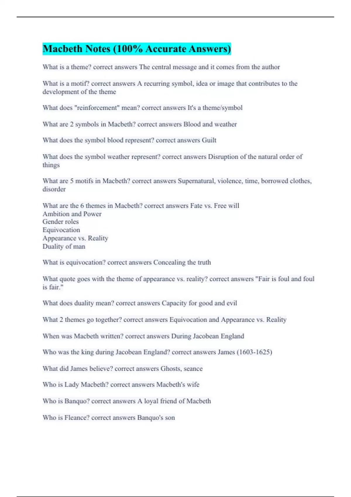 Macbeth Notes (100% Accurate Answers) - Macbeth Notes - Stuvia US