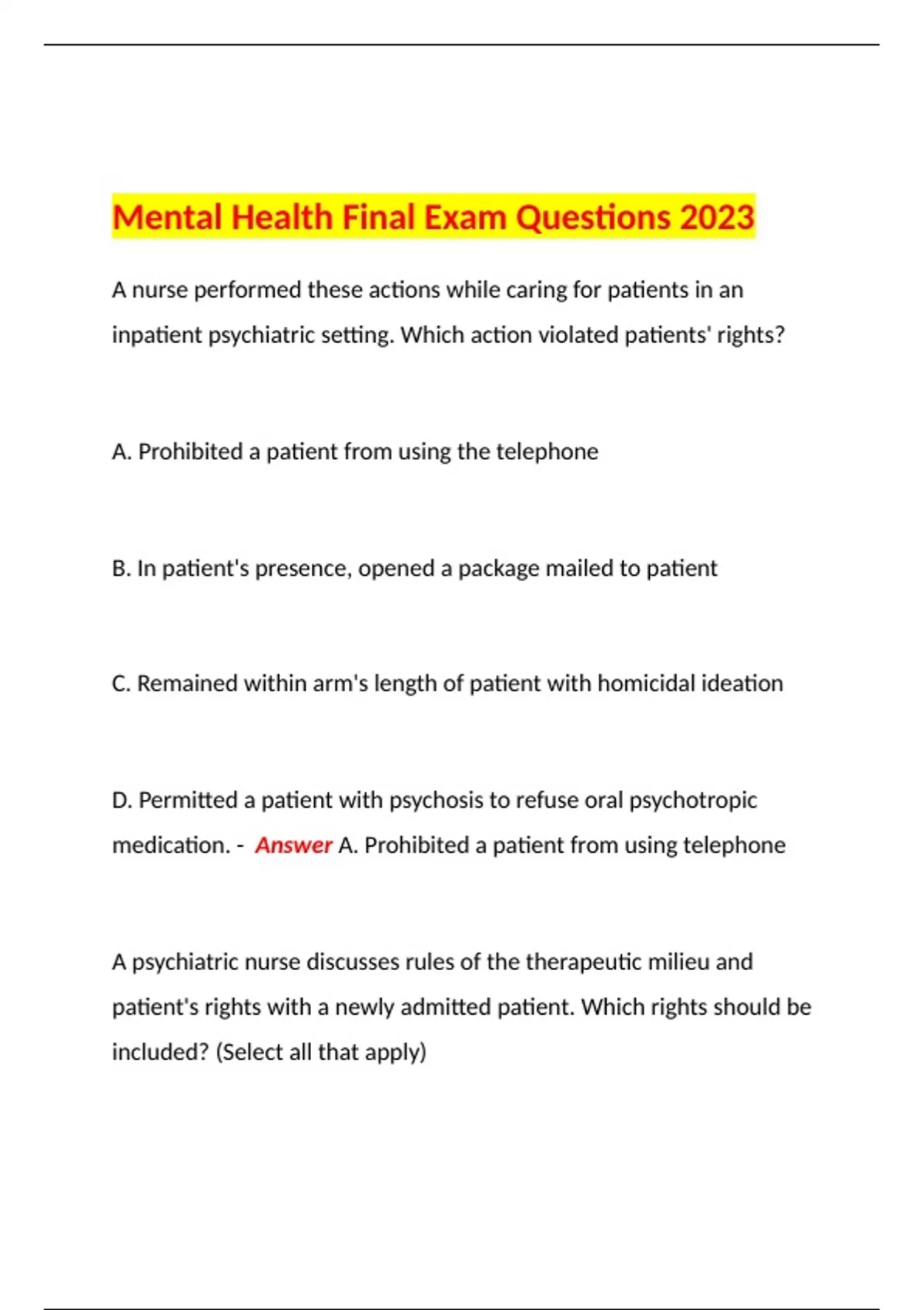 Mental Health Final Exam Questions 2023 Mental Health Fin Stuvia US