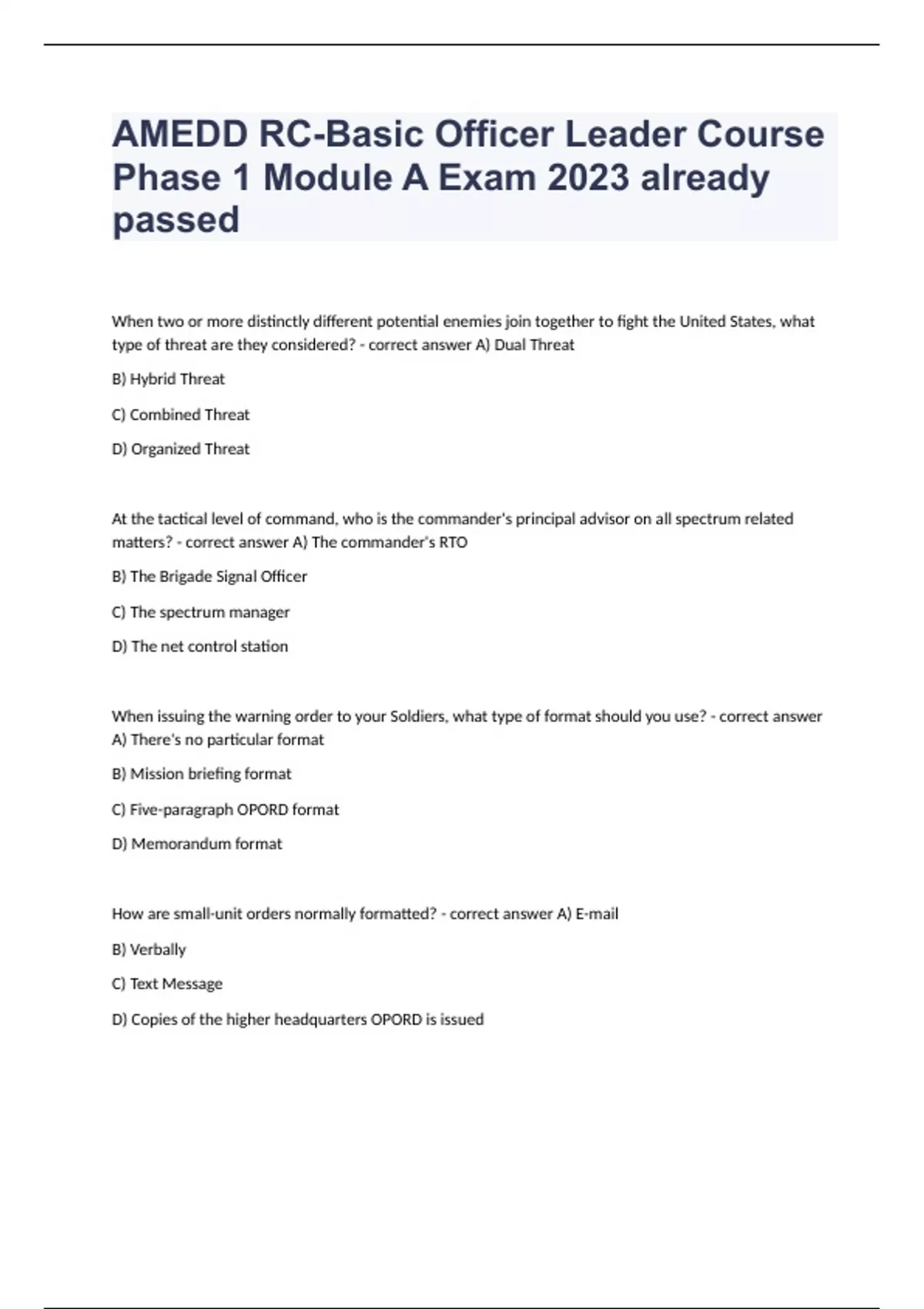 AMEDD RC-Basic Officer Leader Course Phase 1 Module A Exam 2023 already ...