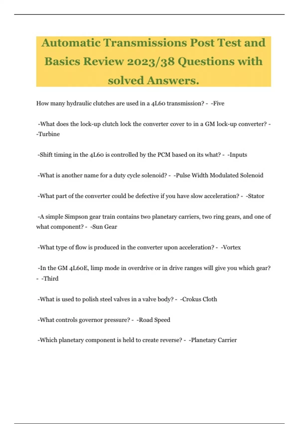 Automatic Transmissions Post Test and Basics Review 2023/38 Questions