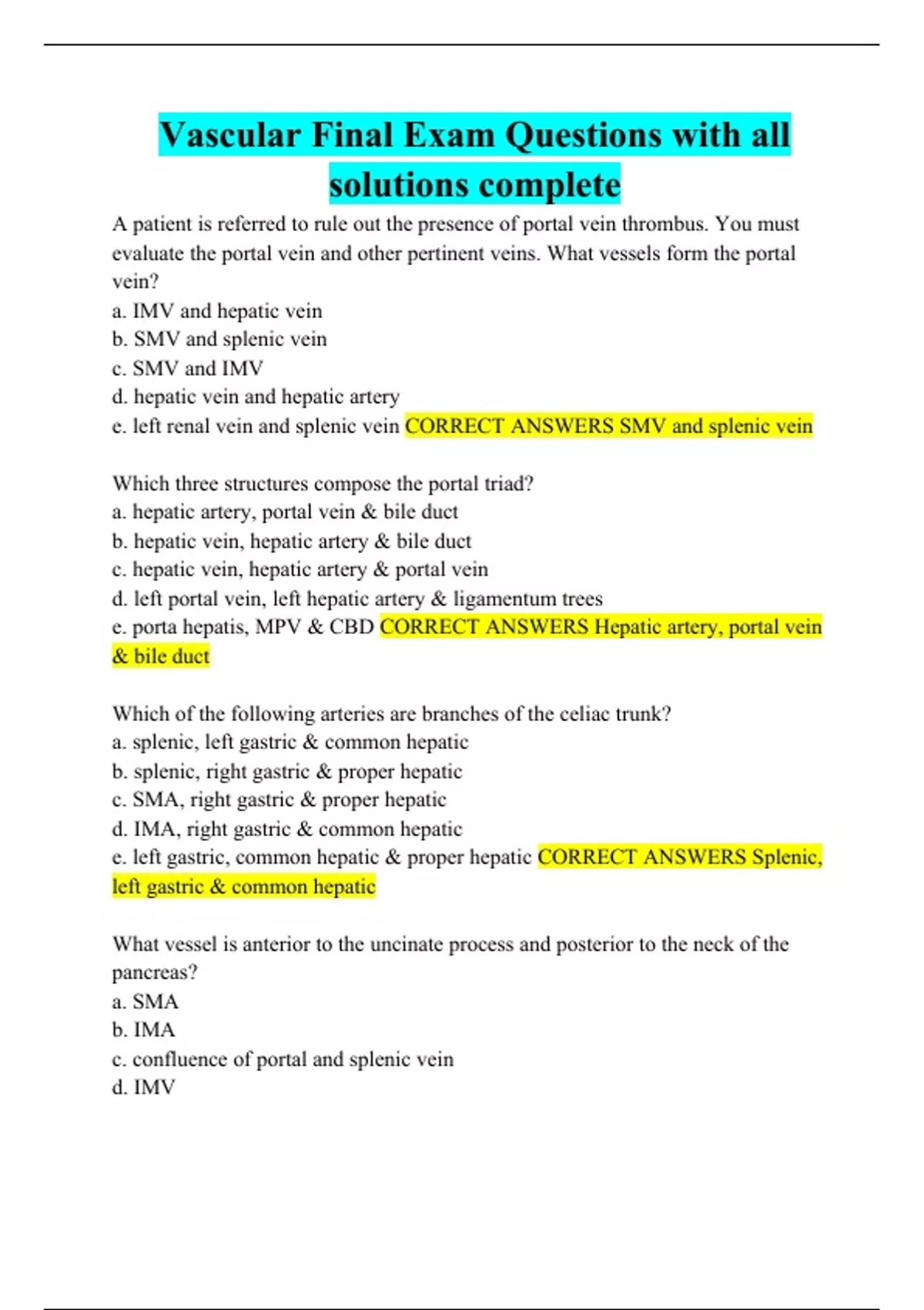 Vascular Final Exam Questions with all solutions complete Vascular