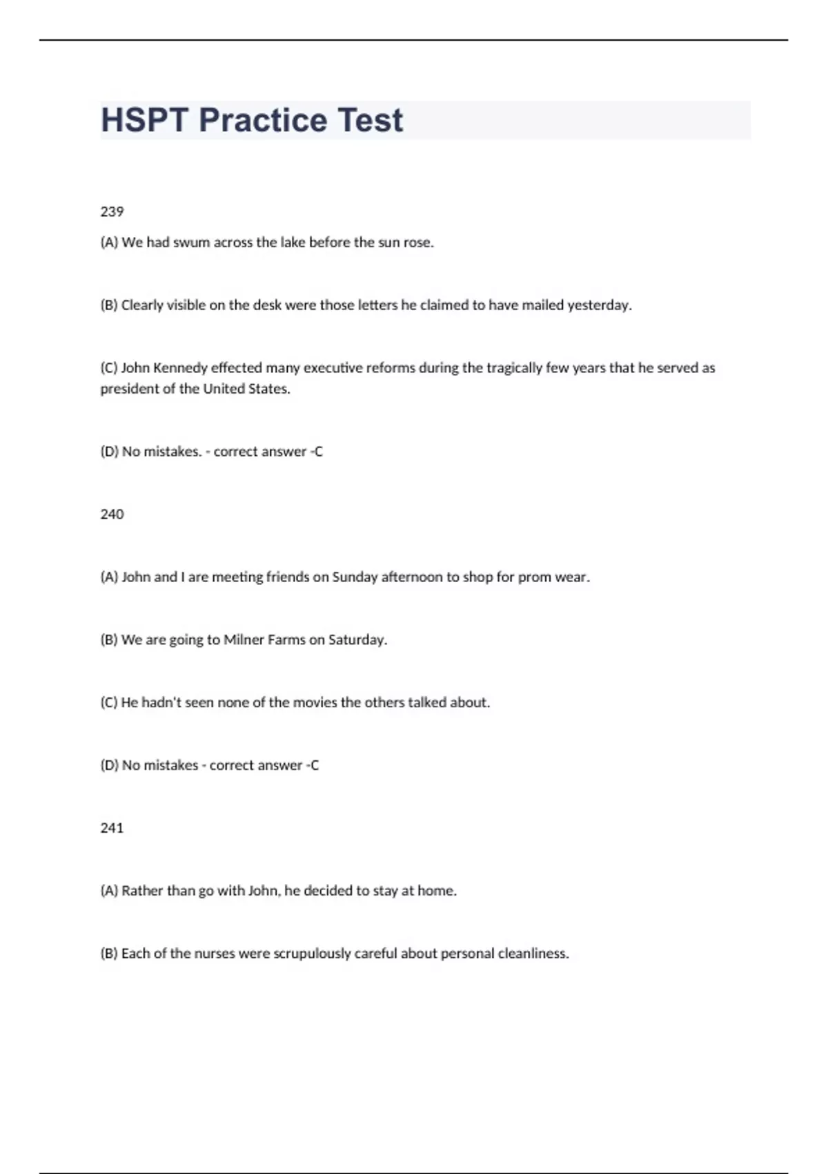 HSPT Practice Test exam 2023 with 100% correct answers - HSPT Practice - Stuvia US