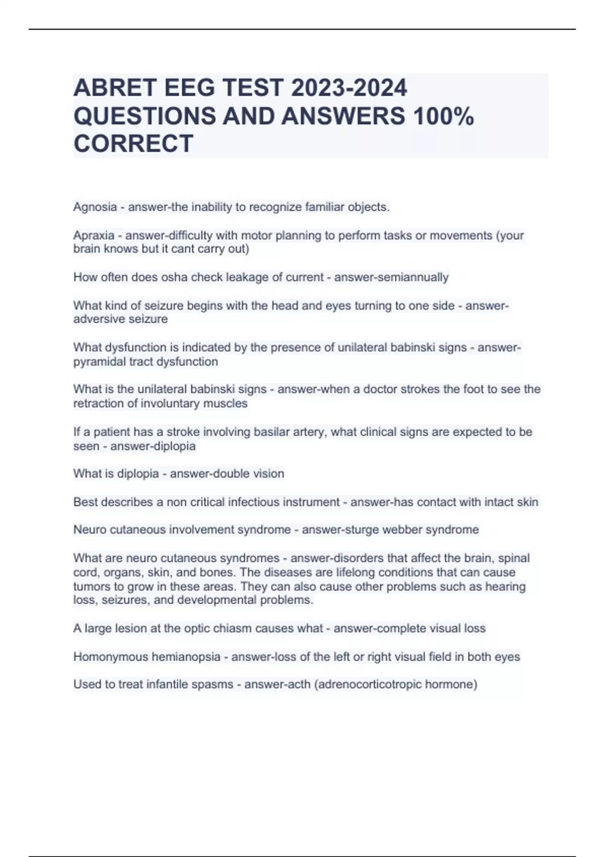 ABRET EEG TEST QUESTIONS AND ANSWERS 100 CORRECT ABRET EEG Stuvia US