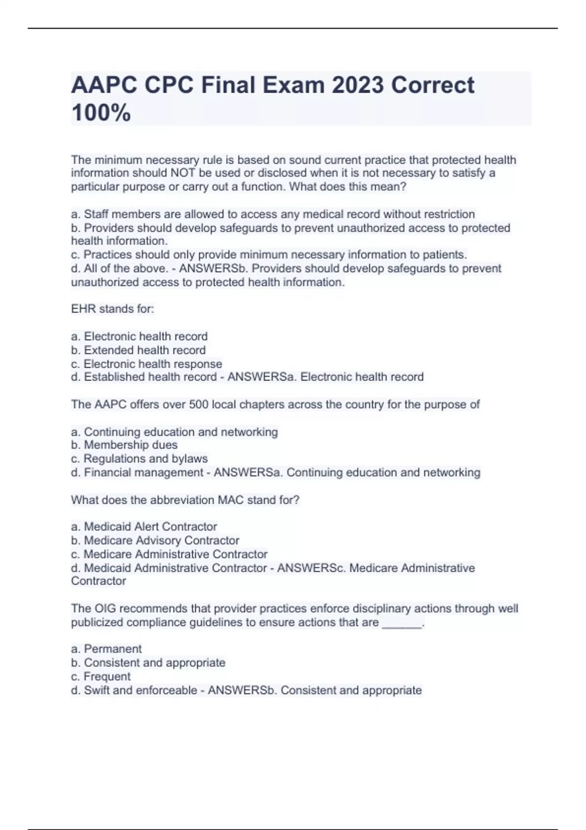 AAPC CPC Final Exam 2023 Correct 100% - AAPC - Stuvia US