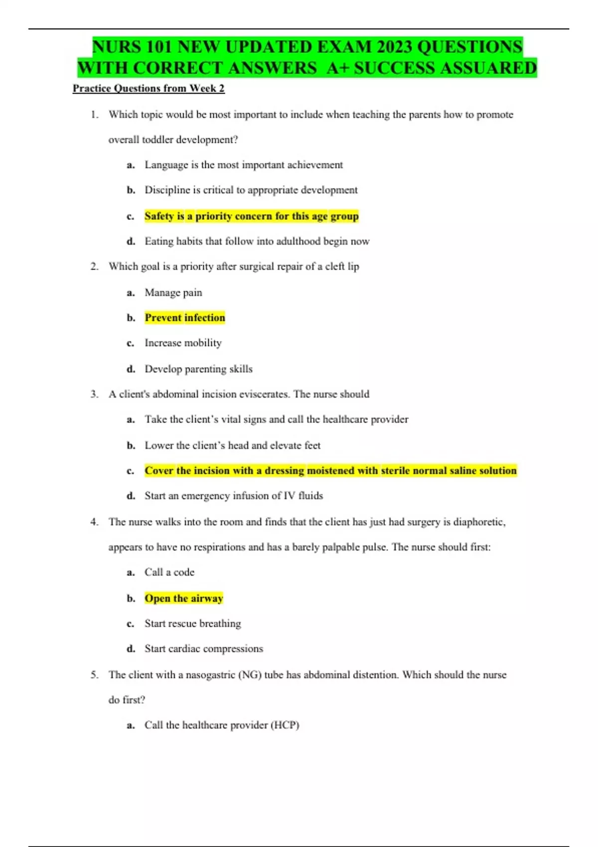 NURS 101 NEW UPDATED EXAM 2023 QUESTIONS WITH CORRECT ANSWERS A+ ...