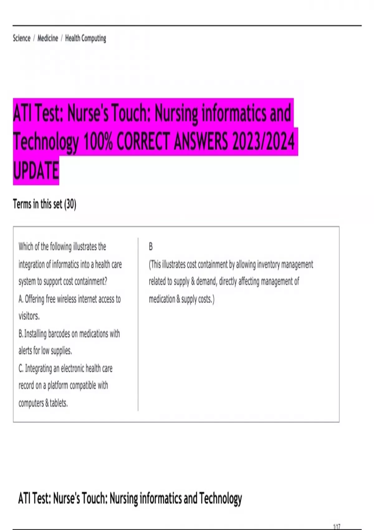ATI Test: Nurse's Touch: Nursing informatics and Technology 100% ...