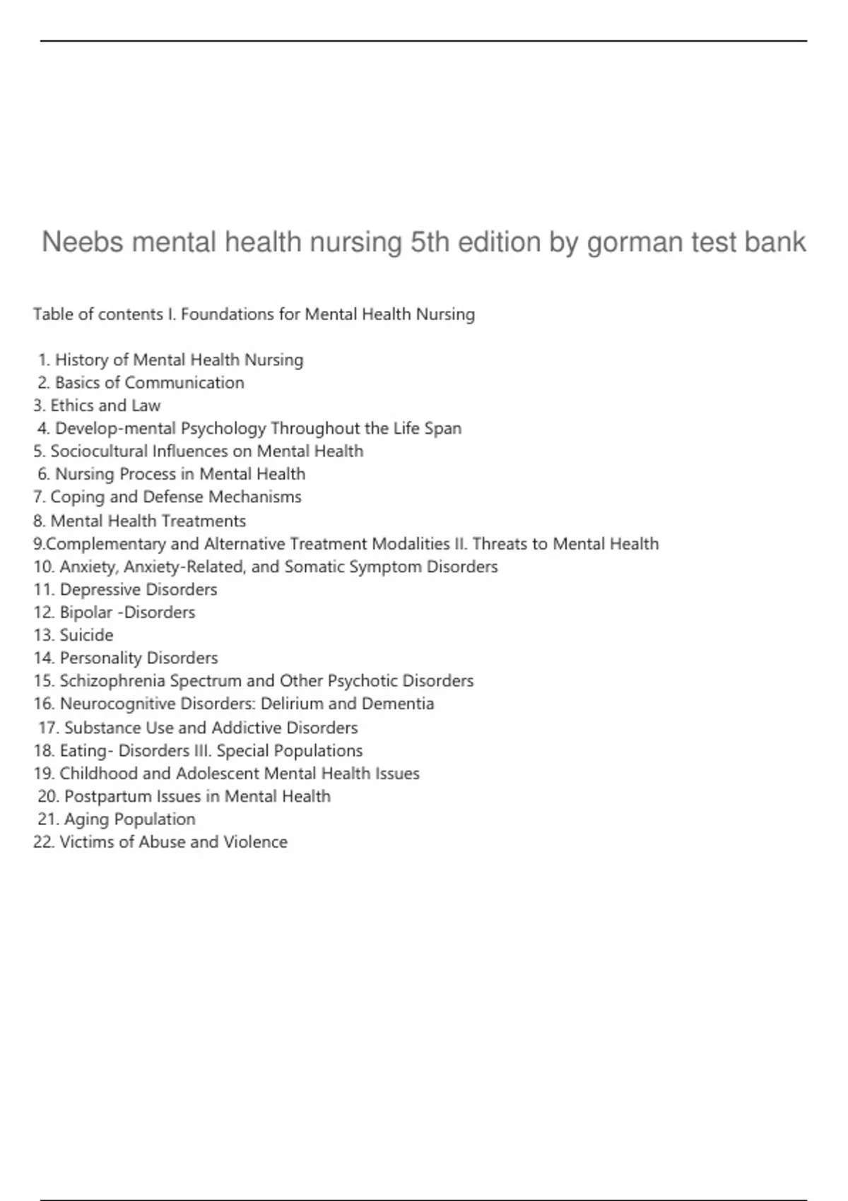 Table of contents I. Foundations for Mental Health Nursing 1. History ...