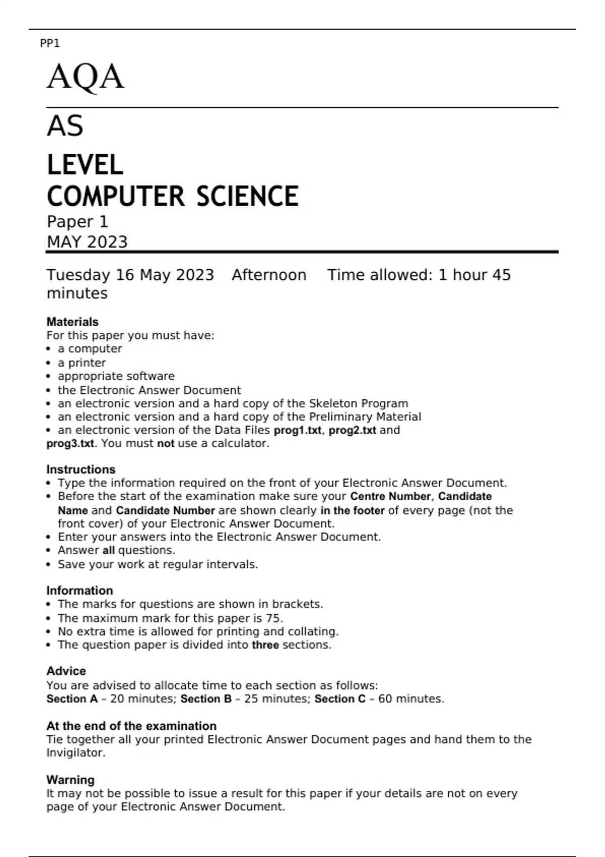 AQA AS LEVEL COMPUTER SCIENCE Paper 1 MAY 2023 FINAL QUESTION PAPER