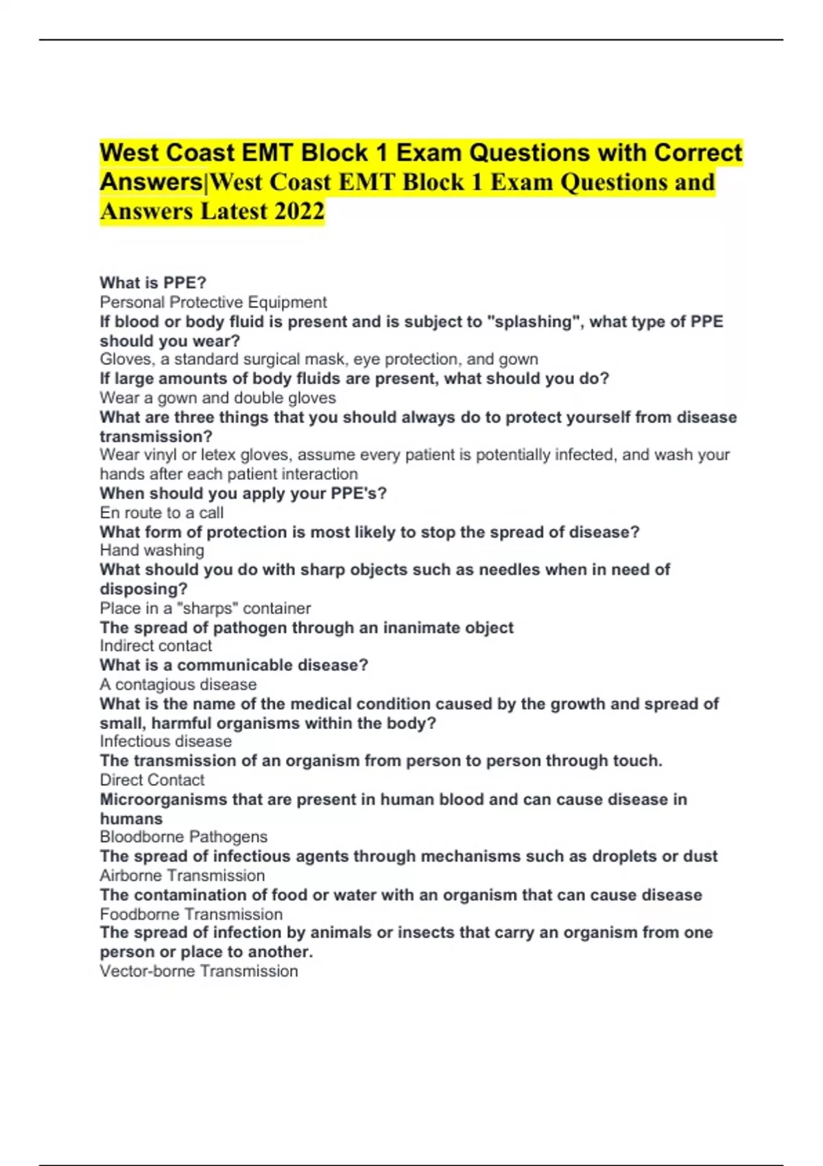 West Coast EMT Block 1 Exam Questions with Correct AnswersWest Coast