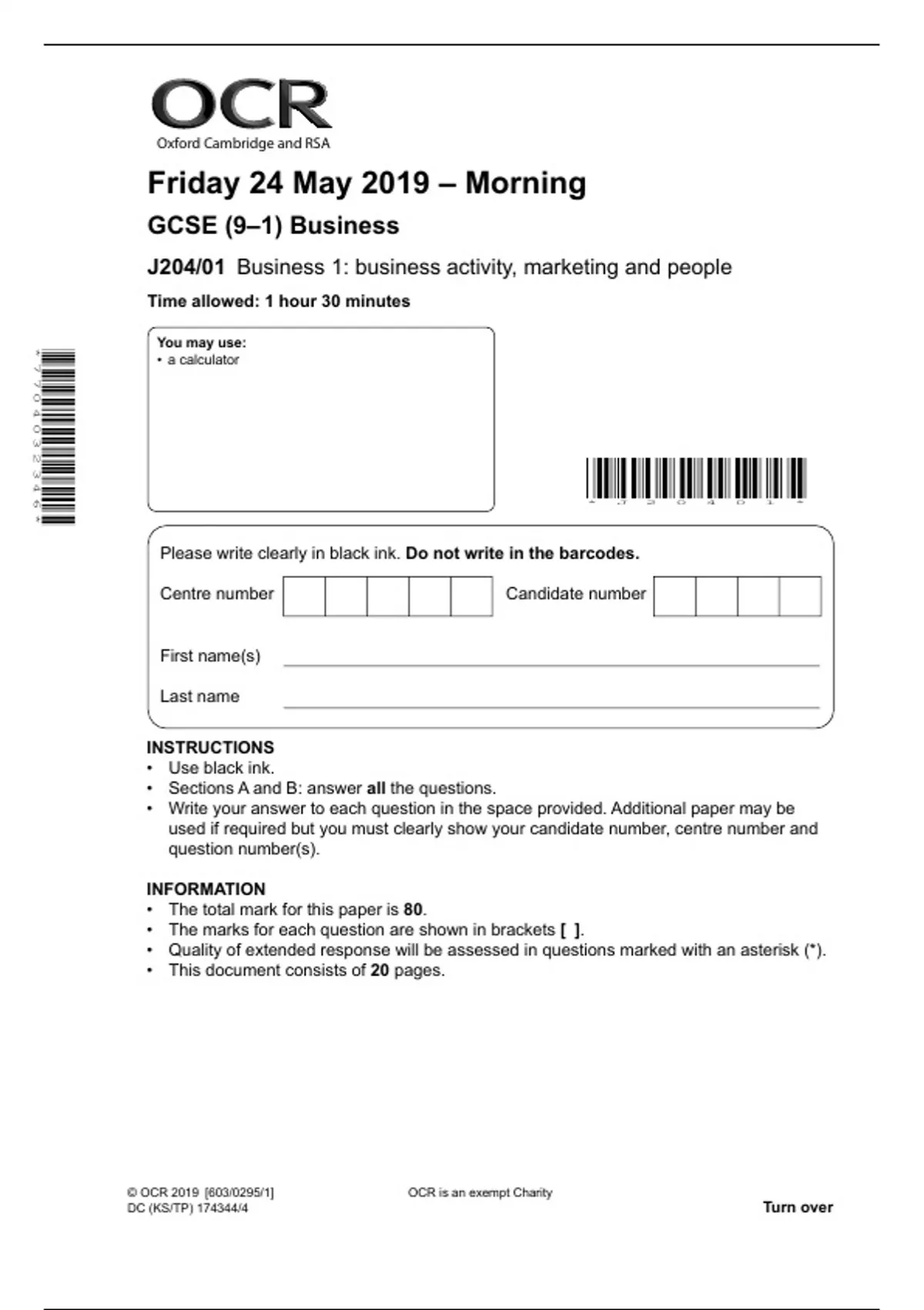 Past GCSE Paper OCR Business Paper 1 (May 2019) Business Stuvia UK