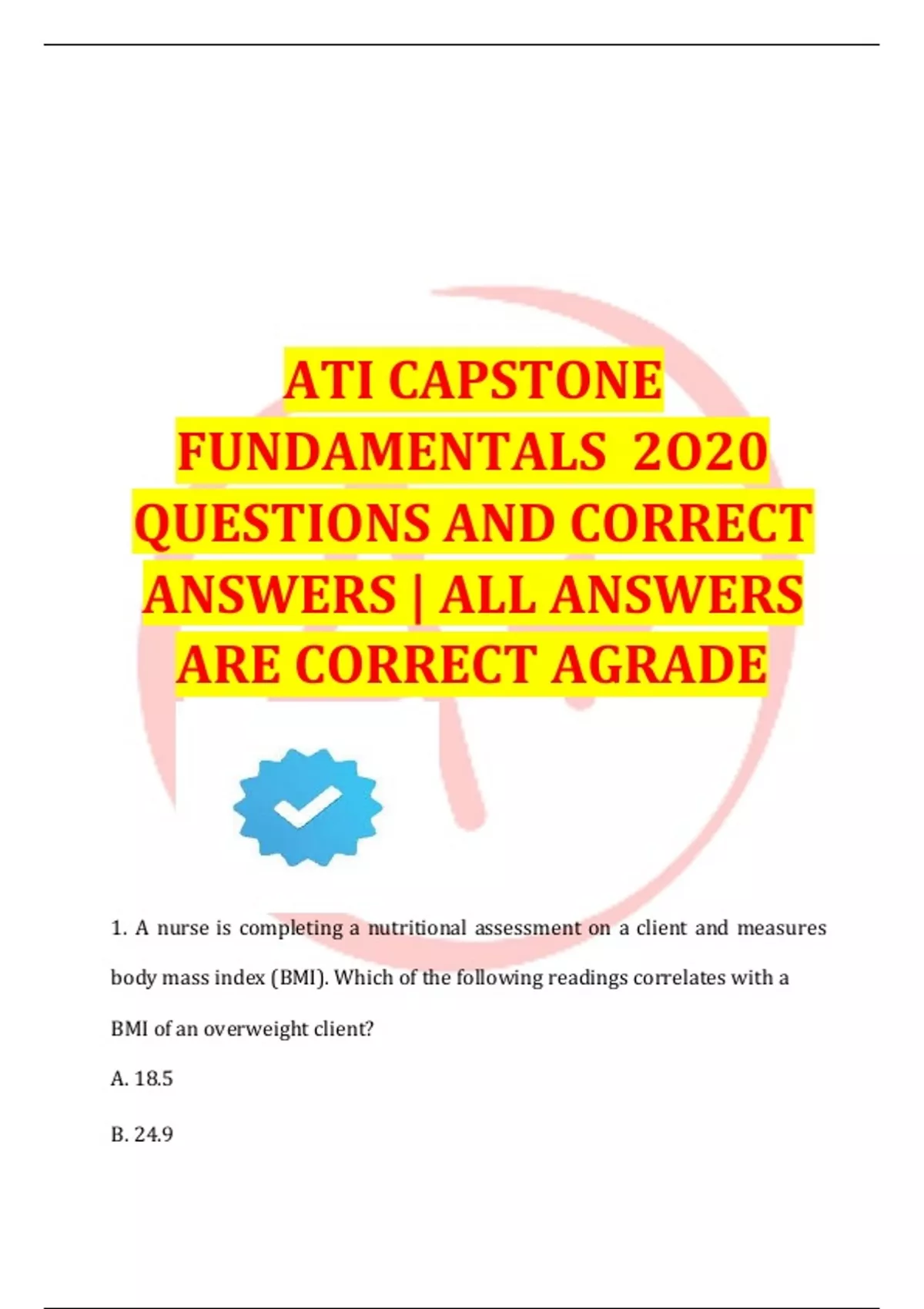 ATI CAPSTONE FUNDAMENTALS 2O20 QUESTIONS AND CORRECT ANSWERS | ALL ...