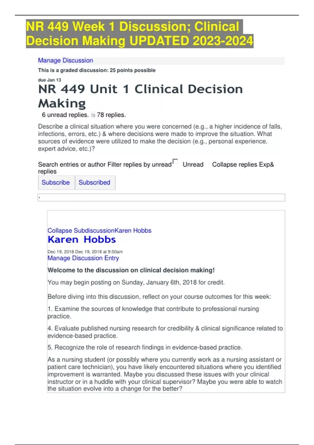 NR 449 Week 1 Discussion; Clinical Decision Making UPDATED NR 449 Week ...