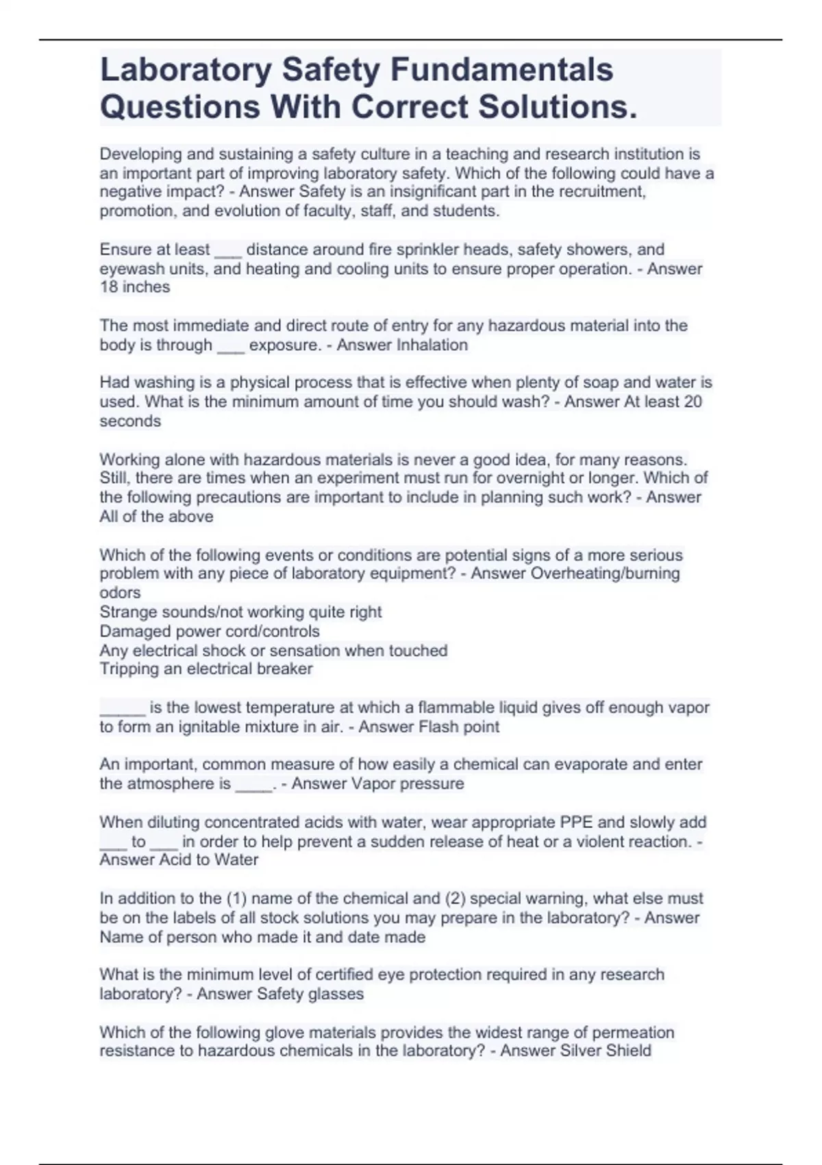 Laboratory Safety Fundamentals Questions With Correct Solutions. Lab