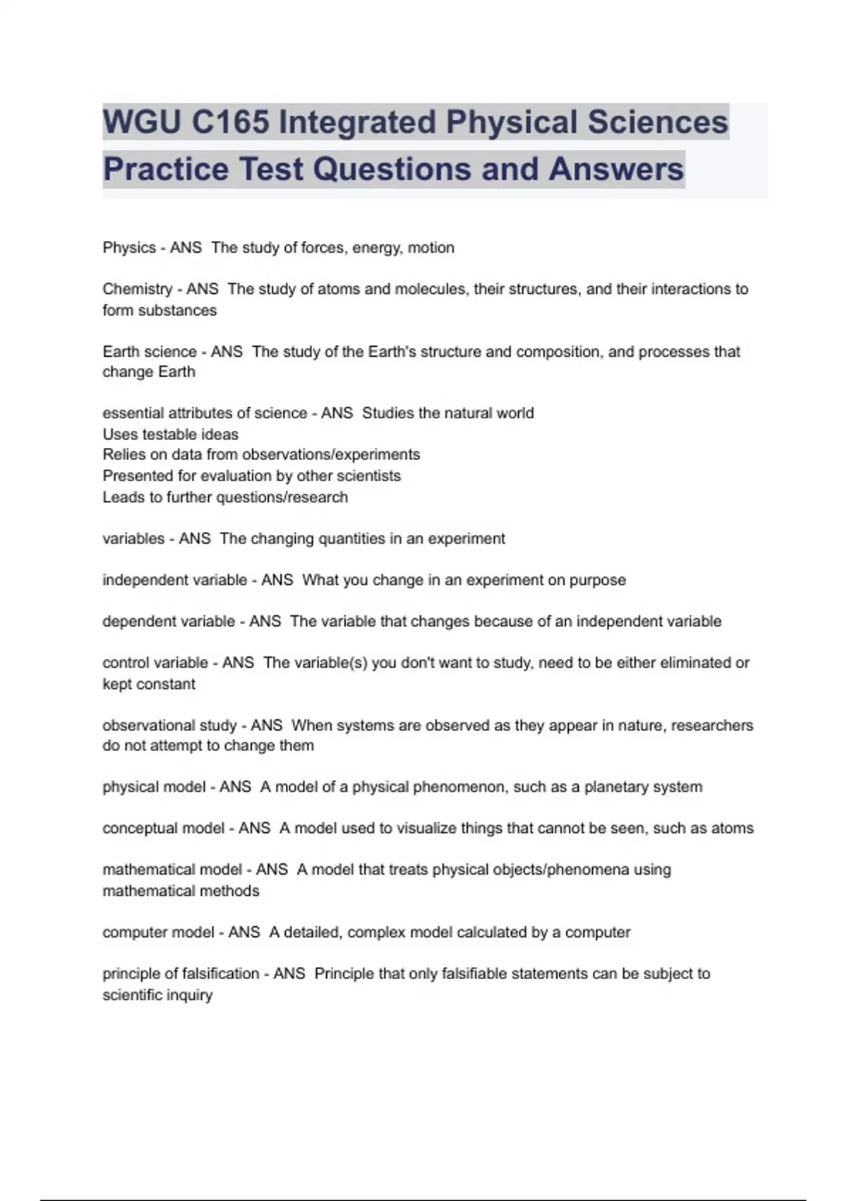 Wgu C165 Integrated Physical Sciences Practice Test Questions And