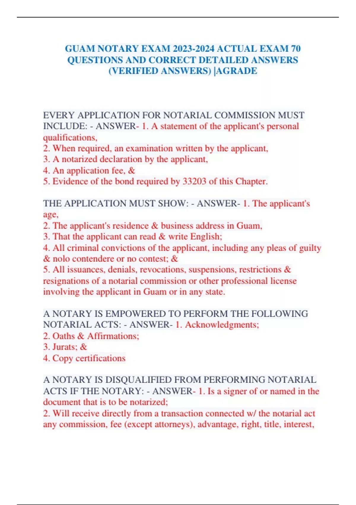 GUAM NOTARY EXAM ACTUAL EXAM 70 QUESTIONS AND CORRECT DETAILED ANSWERS