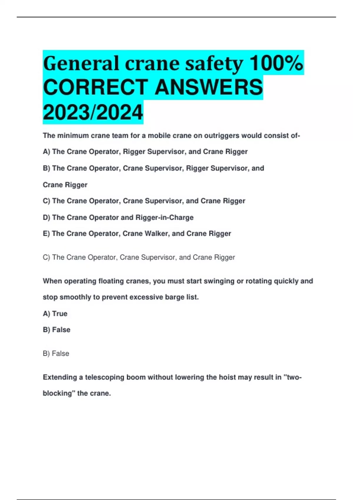 General crane safety 100 CORRECT ANSWERS 2023/2024 General crane