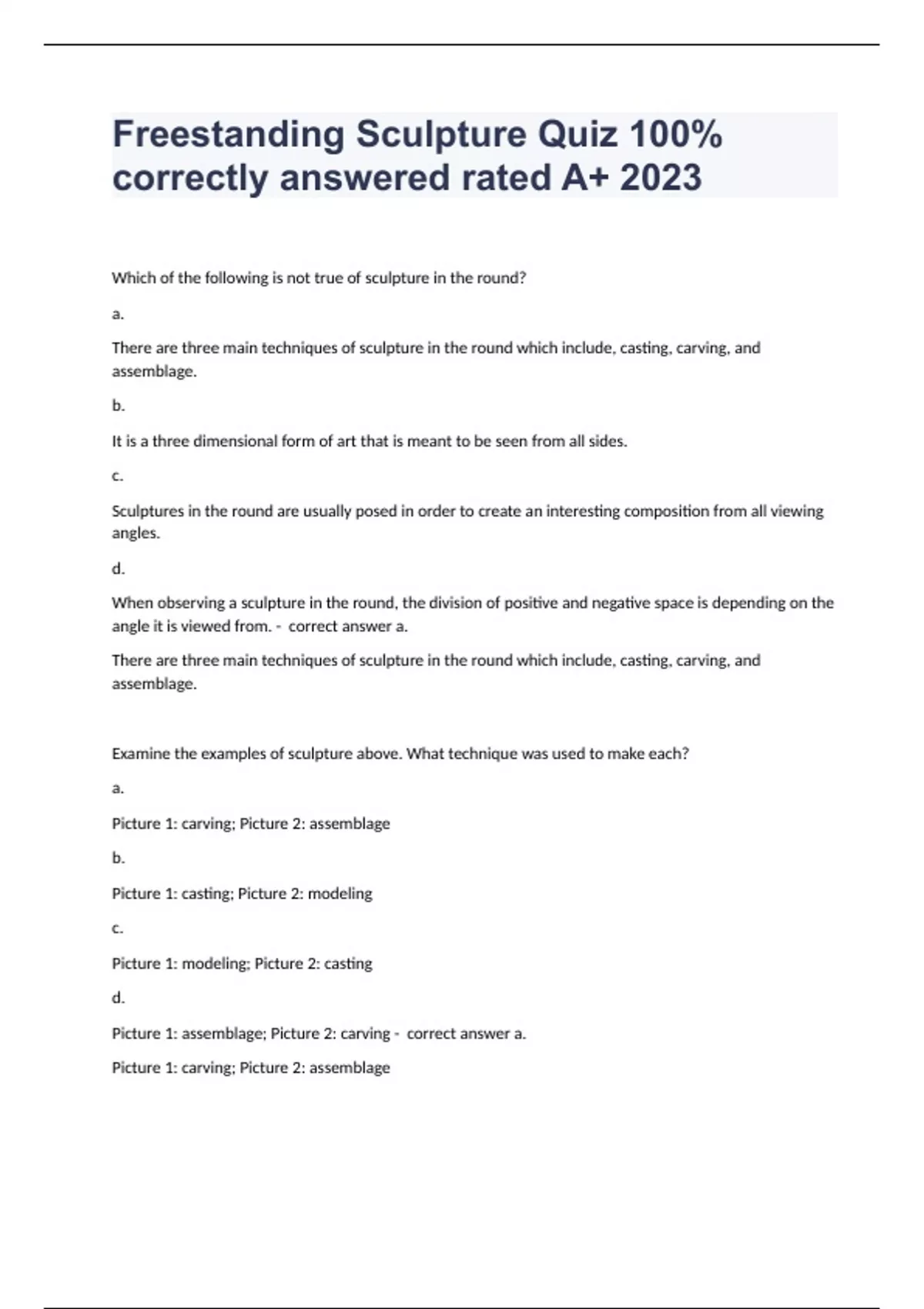 Freestanding Sculpture Quiz 100 correctly answered rated A+ 2023 Freestanding Sculpture