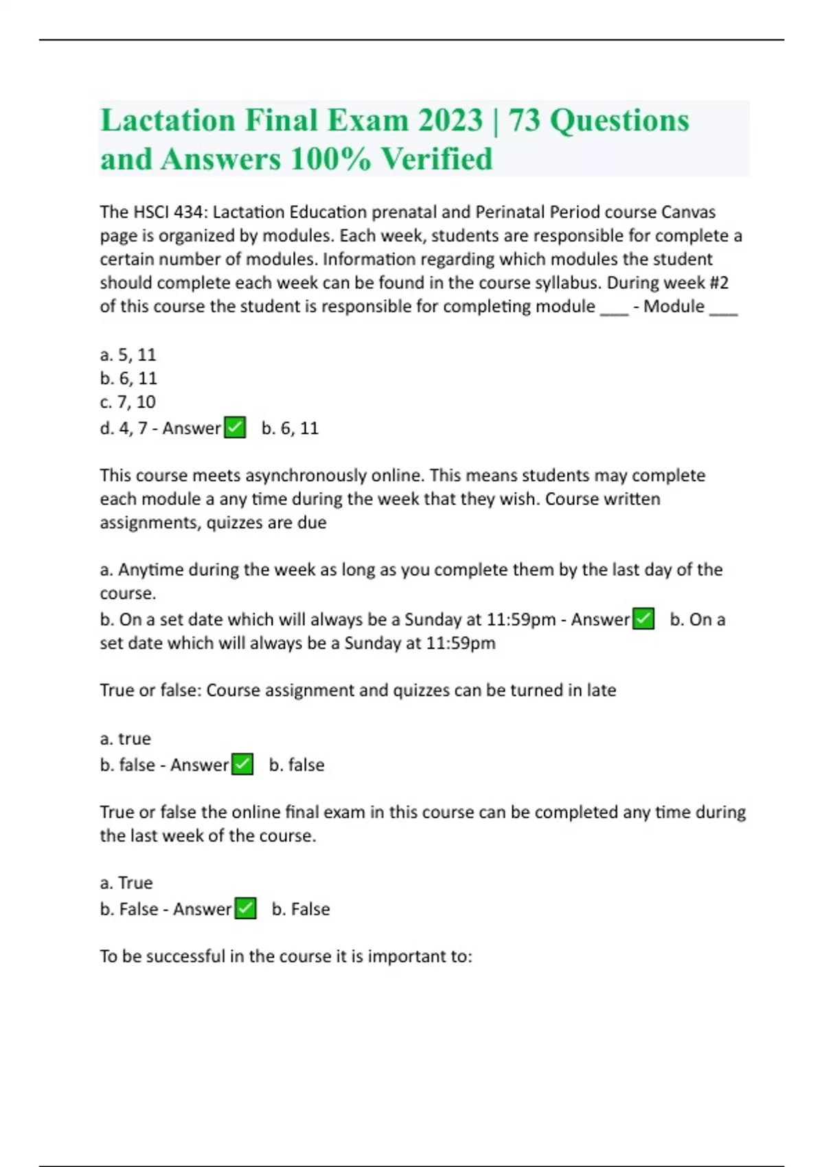 Practical Questions Session 73 Lactation Final Exam 2023 | 73 Questions and Answers 100% Verified ...
