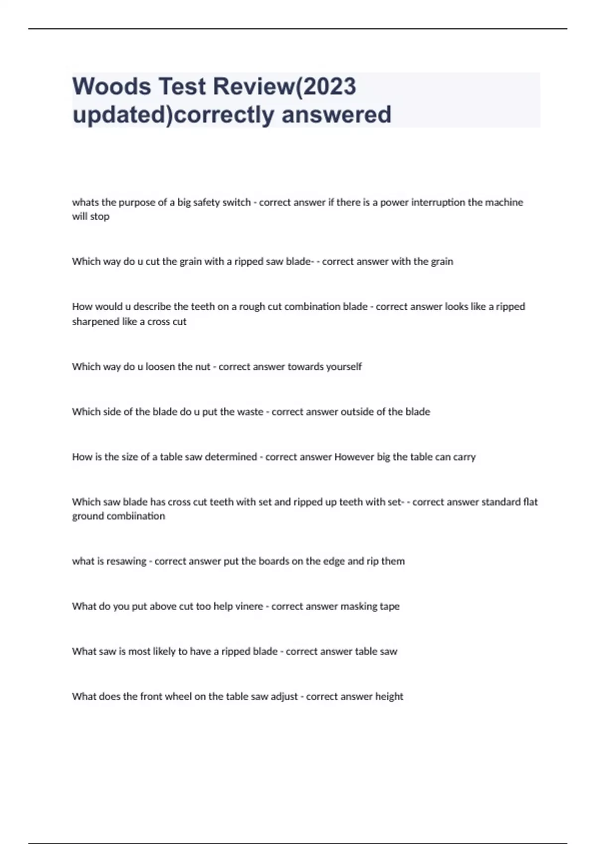 Woods Test Review(2023 updated)correctly answered Sawblade