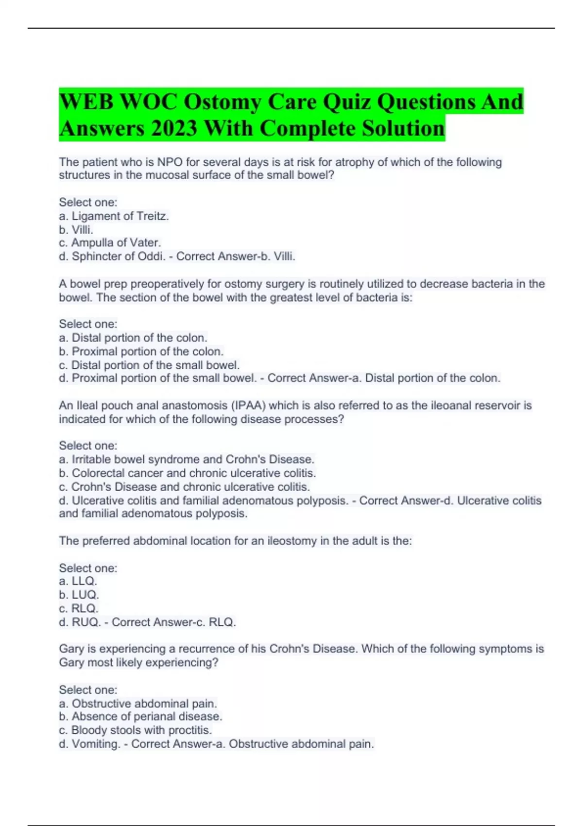 WEB WOC Ostomy Care Quiz Questions And Answers 2023 With Complete
