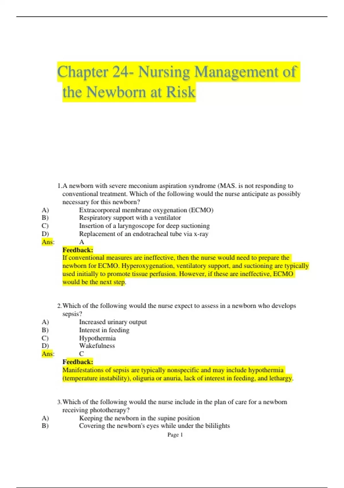 Chapter 24- Nursing Management of the Newborn at Risk QUESTIONS AND ...