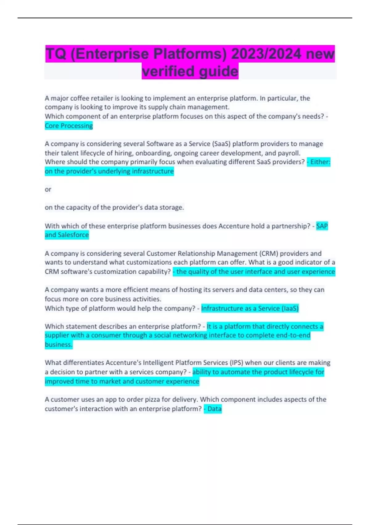 TQ (Enterprise Platforms) 2023/2024 new verified guide TQ Stuvia US