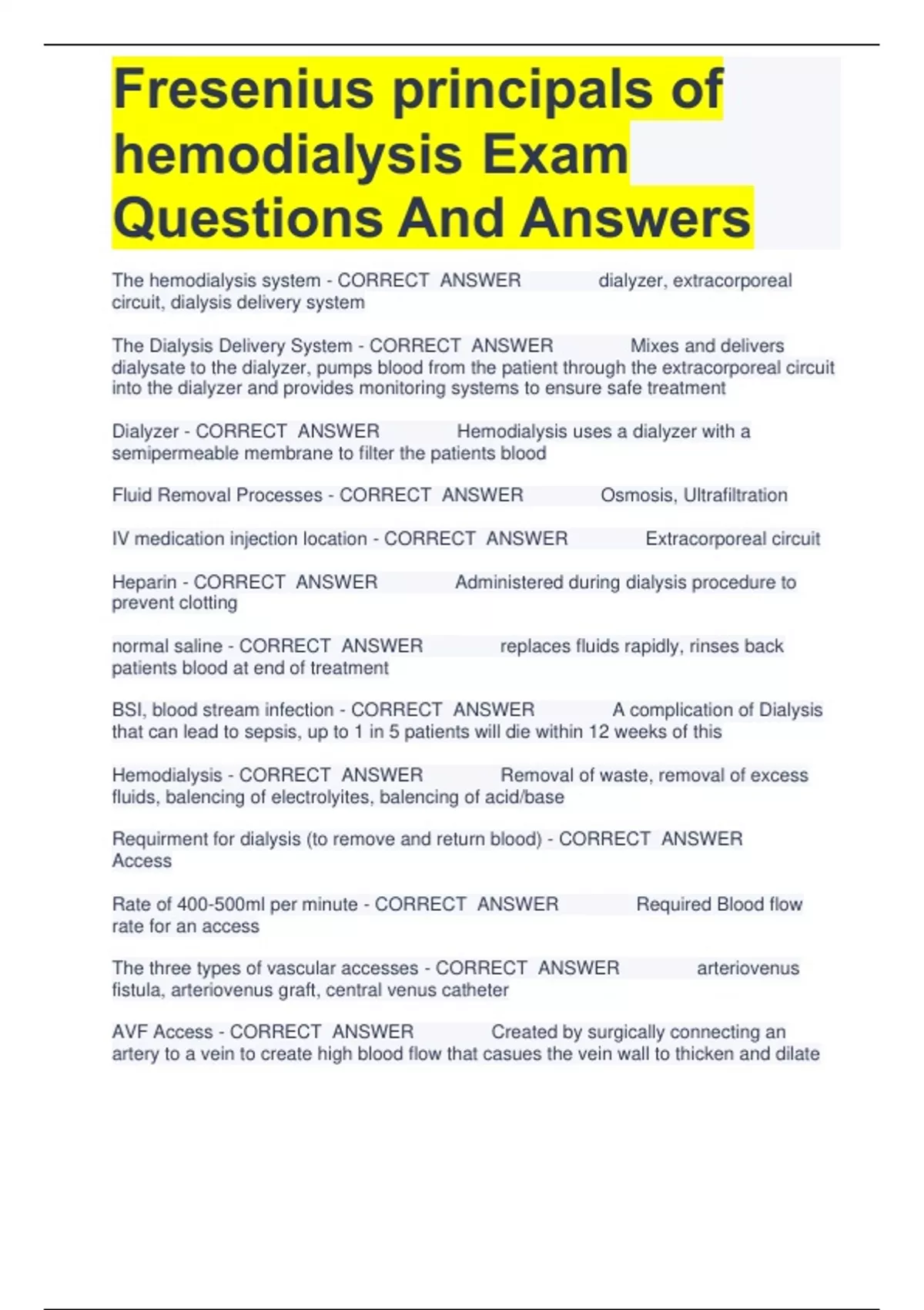Fresenius principals of hemodialysis Exam Questions And Answers