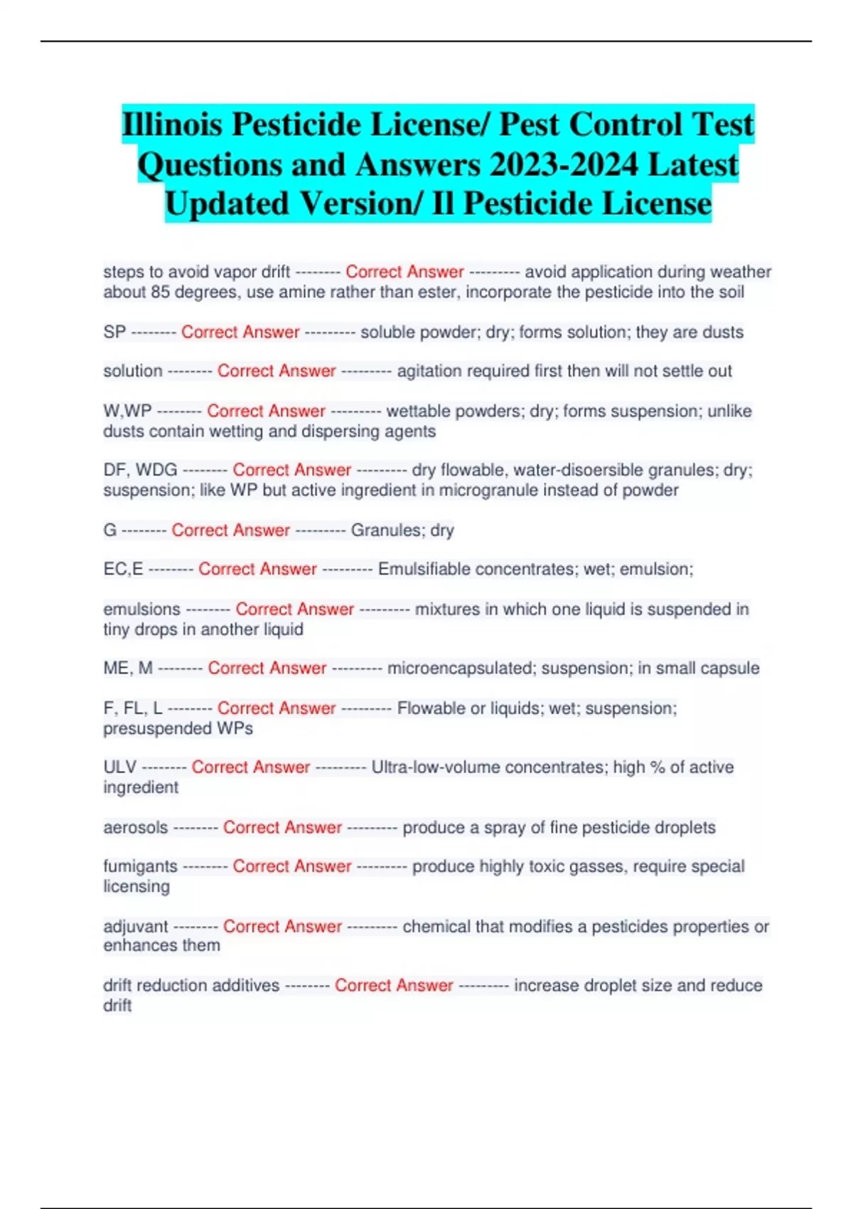 Illinois Pesticide License/ Pest Control Test Questions and Answers