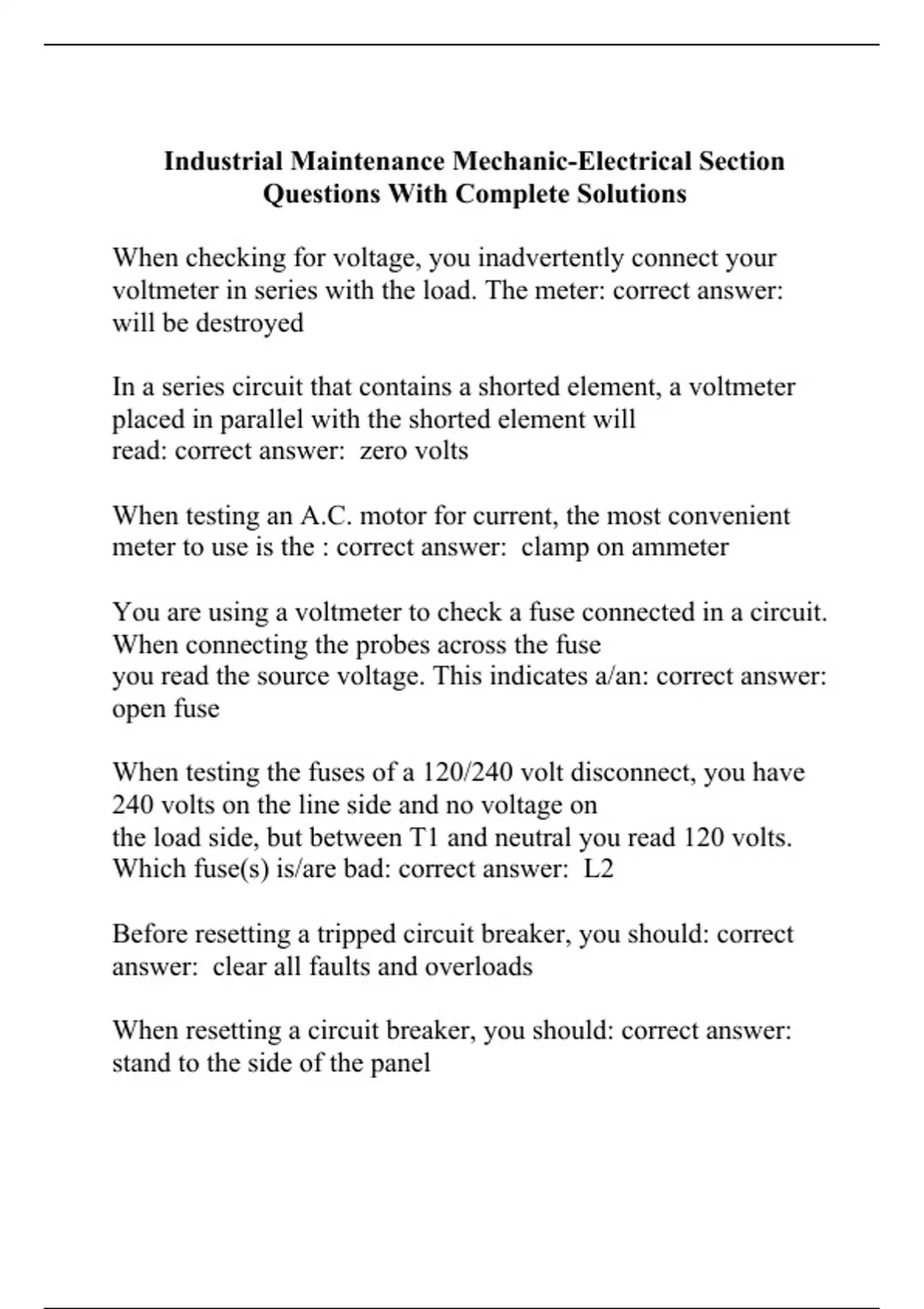 Industrial Maintenance MechanicElectrical Section Questions With