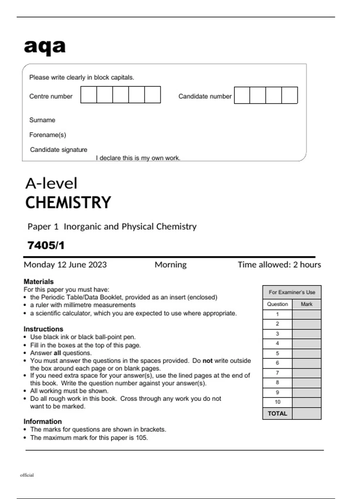 Aqa A Level Chemistry 7405 1 June2023 Question Paper A Level