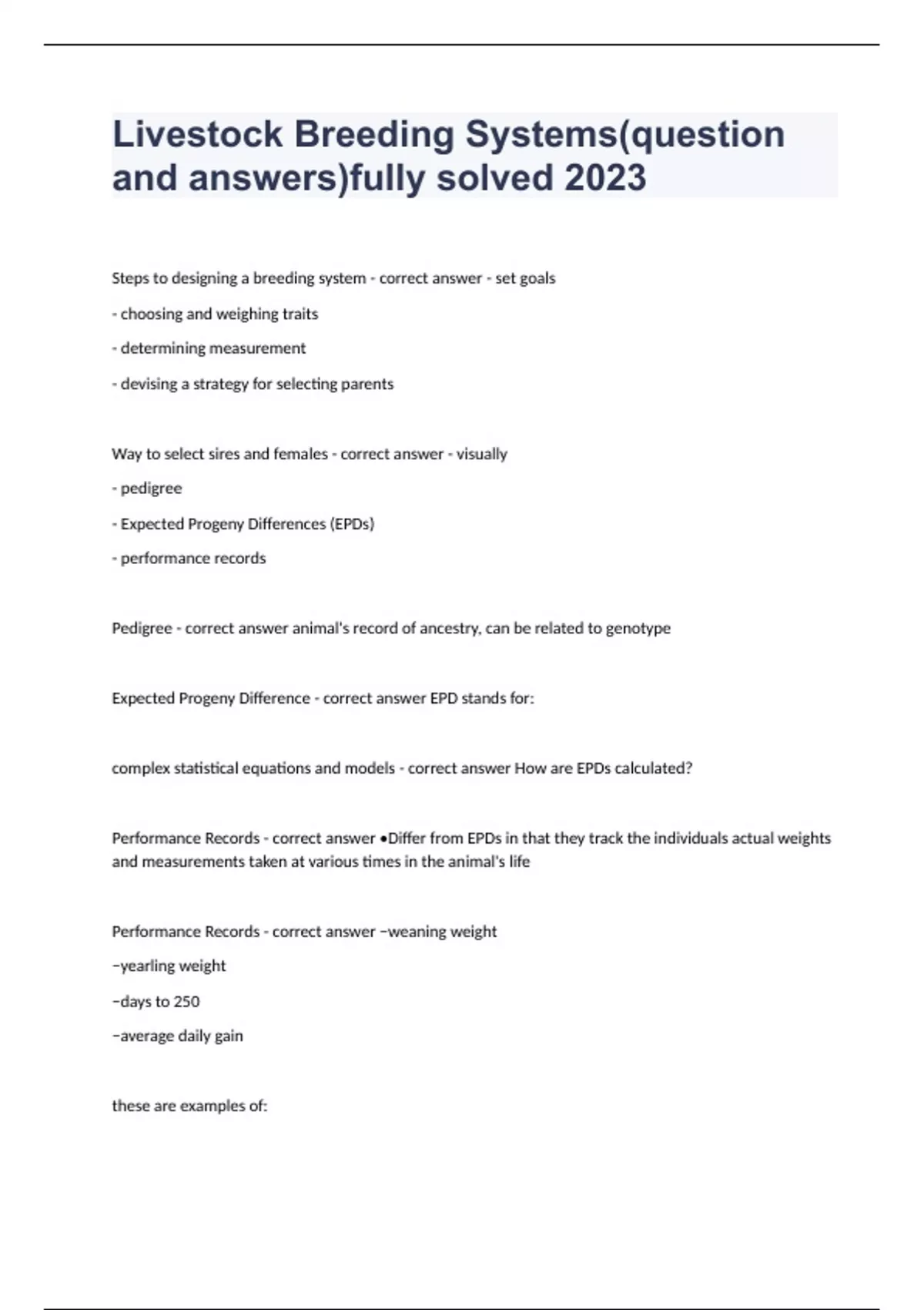 Livestock Breeding Systems(question and answers)fully solved 2023