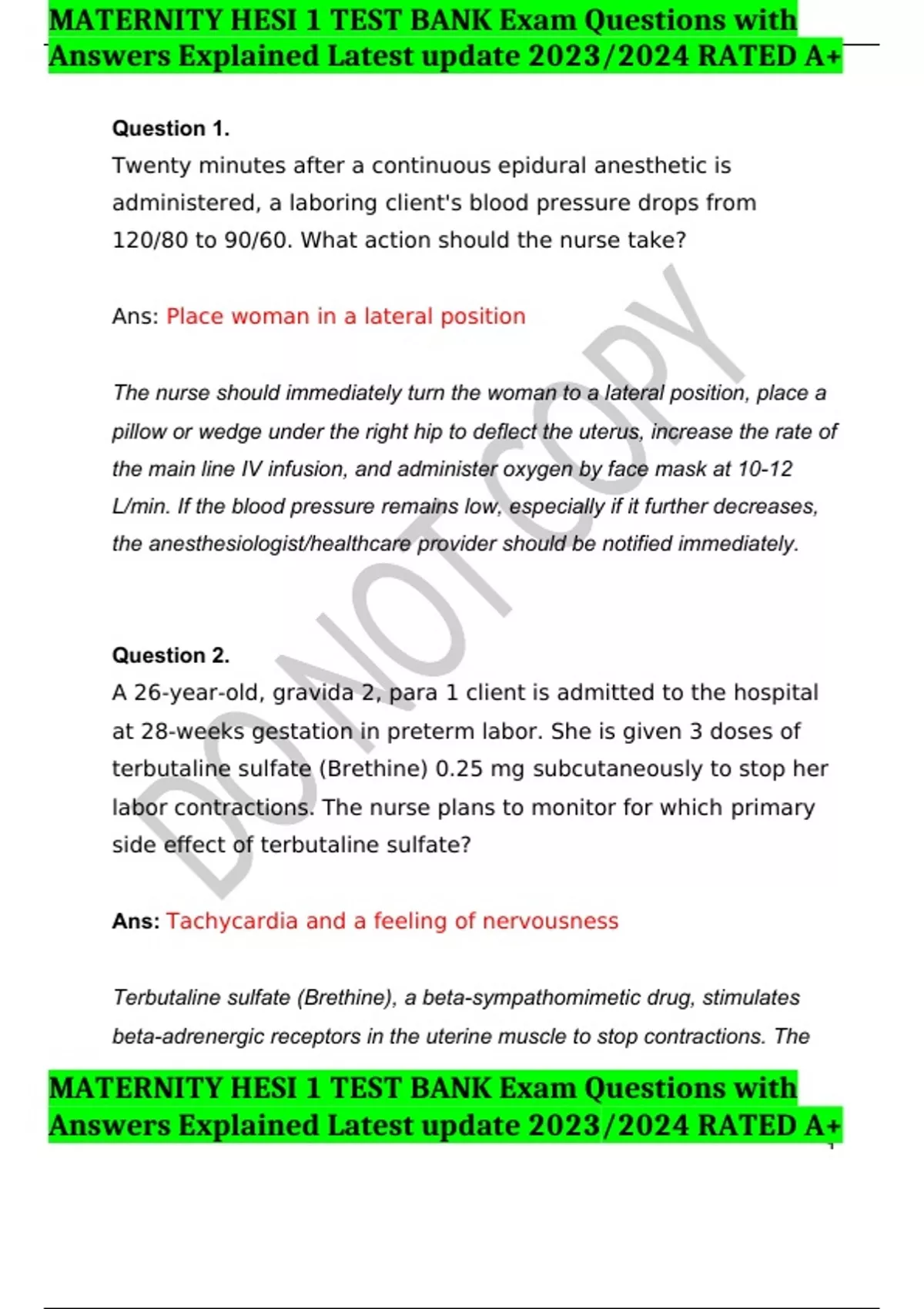 MATERNITY HESI 1 TEST BANK Exam Questions with Answers Explained Latest ...