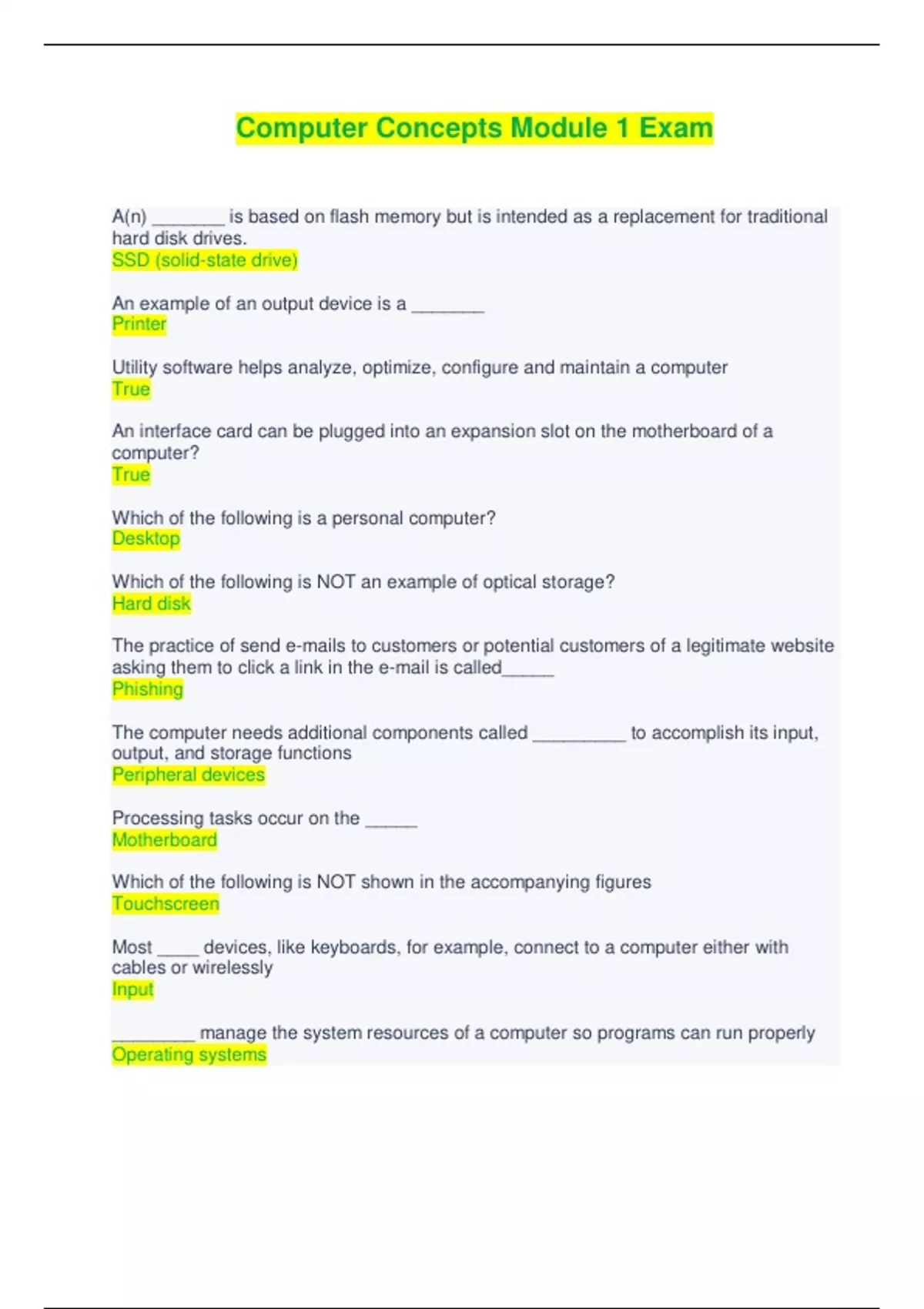 COMPUTER CONCEPTS MODULE 1 MODULE 14 PACKAGE EXAM SET