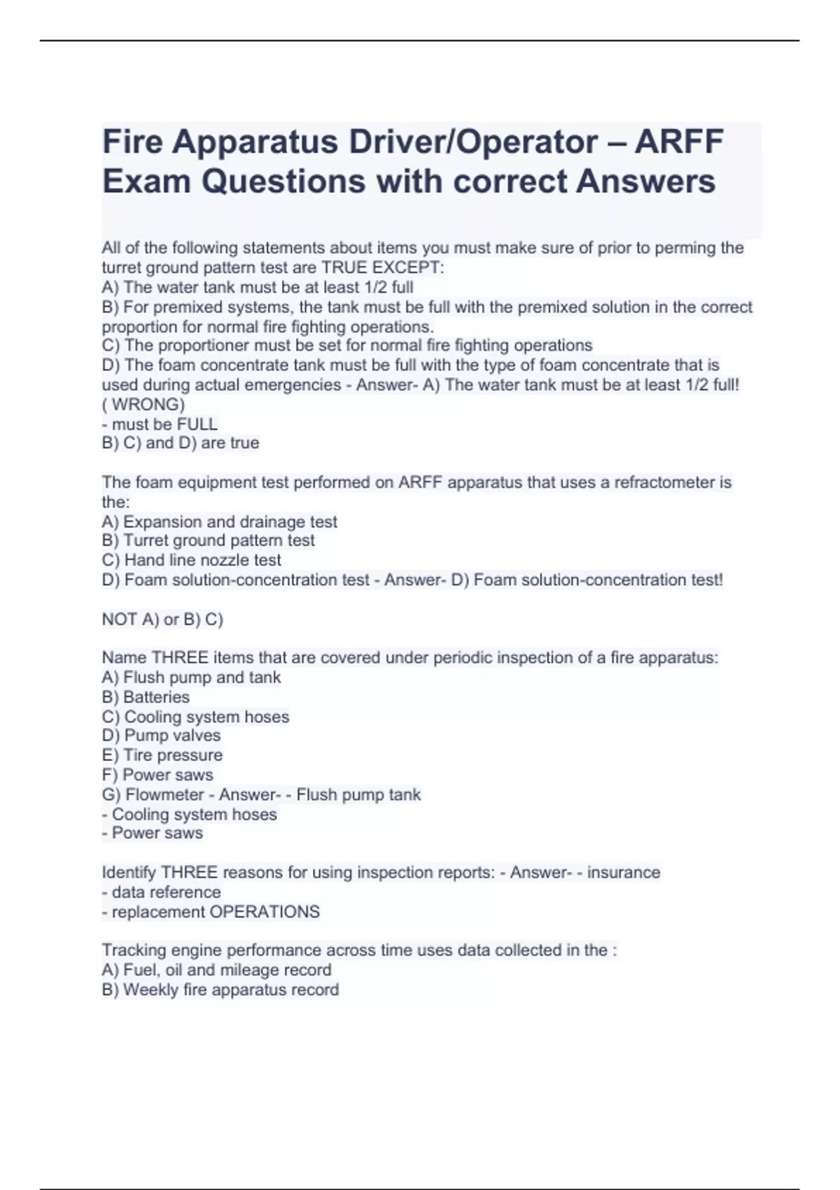 Fire Apparatus Driver/Operator – ARFF Exam Questions with correct ...