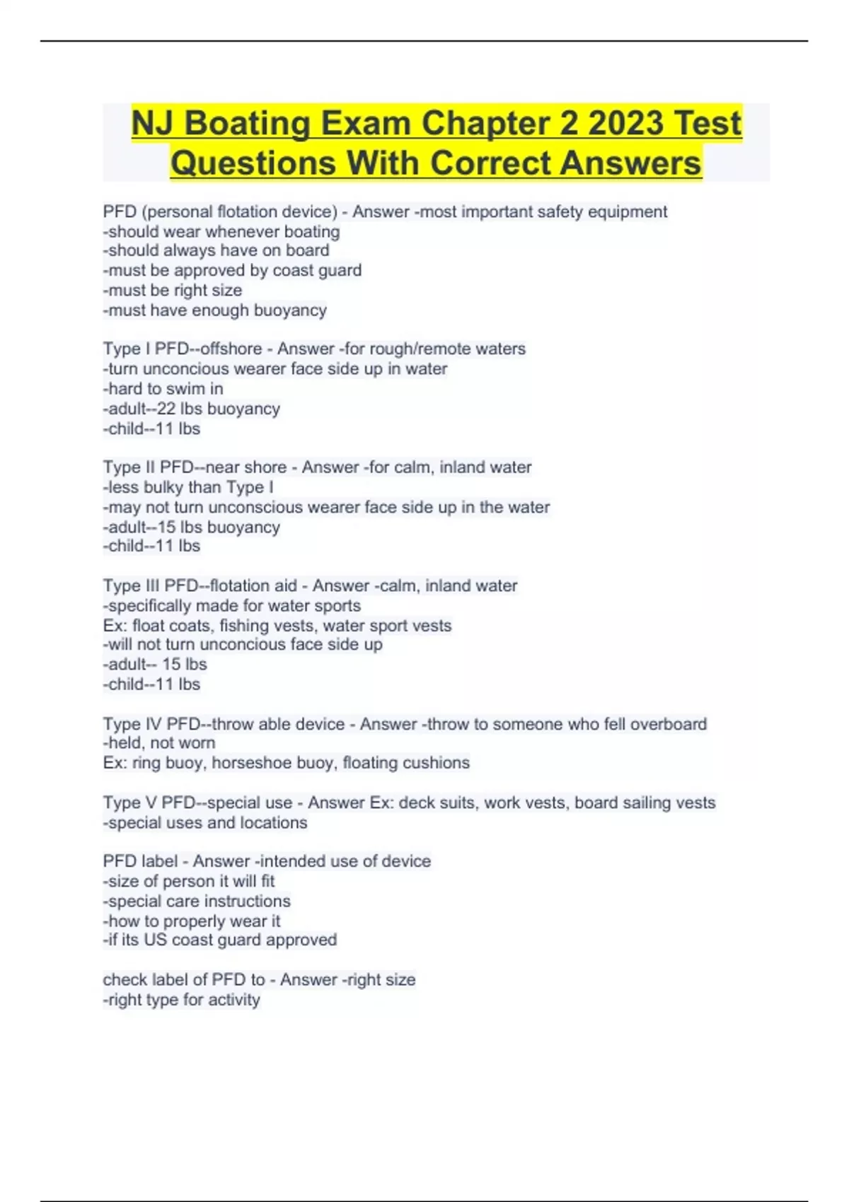 NJ Boating Exam Chapter 2 2023 Test Questions With Correct Answers NJ