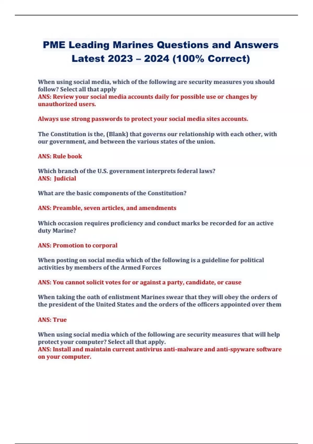 PME Leading Marines Questions and Answers Latest 2023 2024 (100