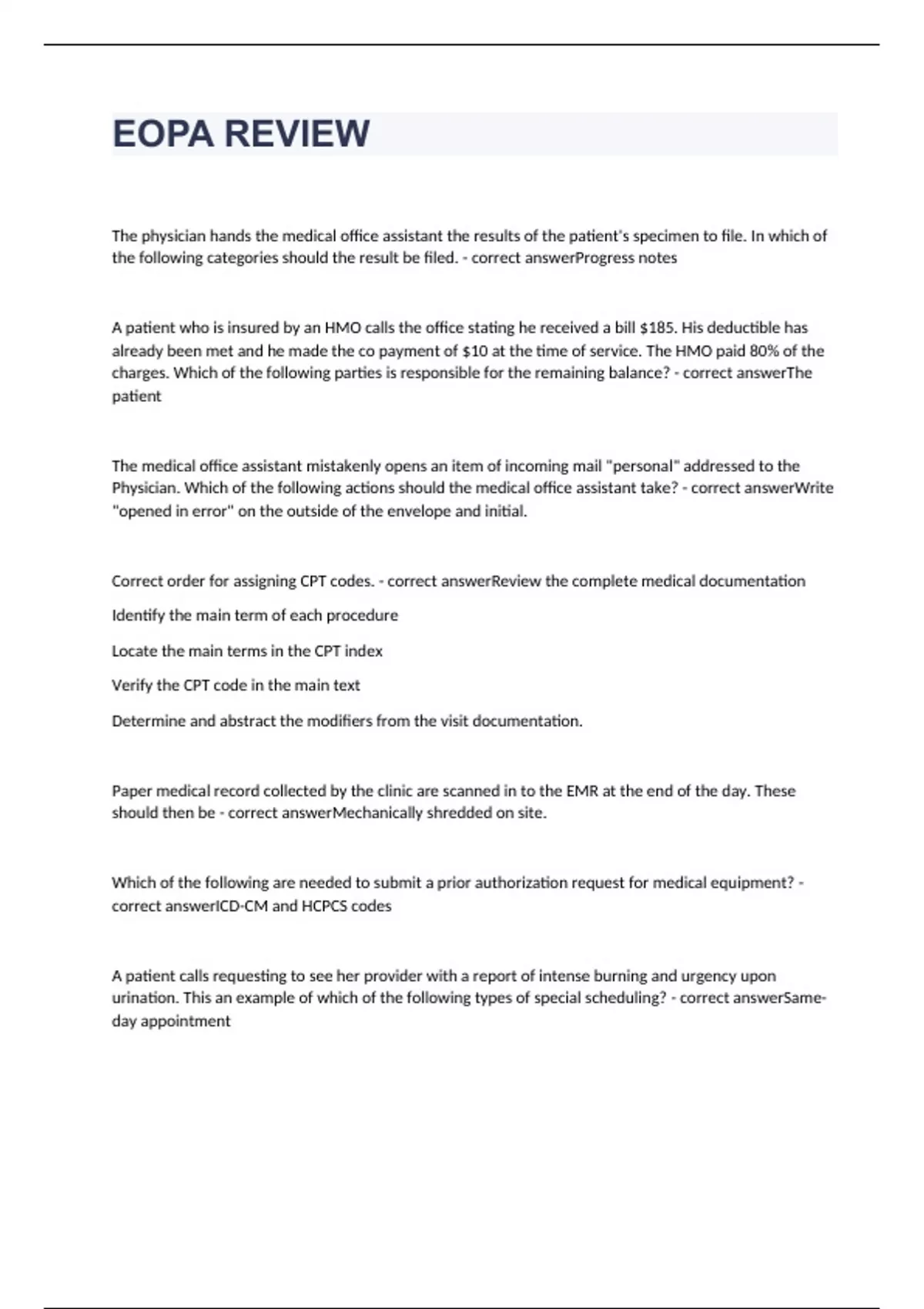 EOPA REVIEW EXAM 2 2023 WITH 100 CORRECT ANSWERS EOPA R Stuvia US