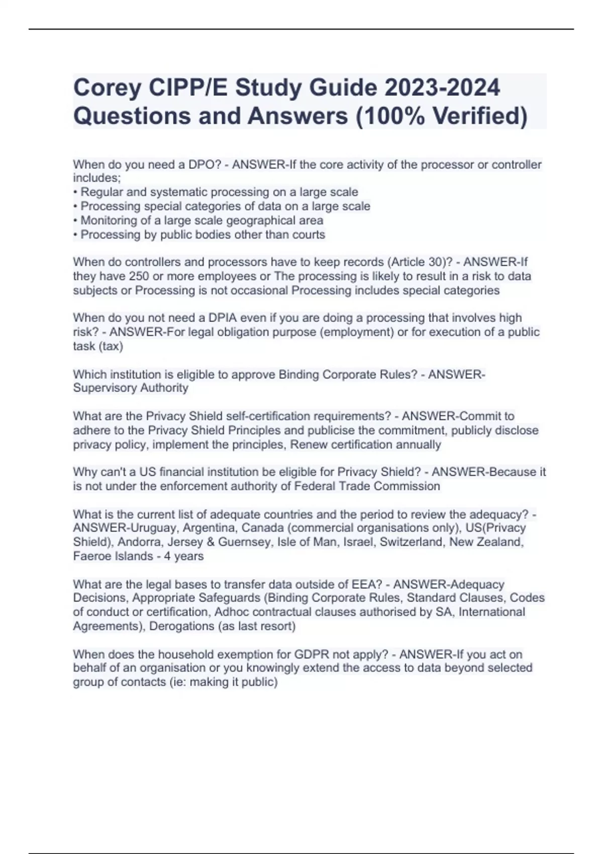 Corey CIPP/E Study Guide 20232024 Questions and Answers (100 Verified