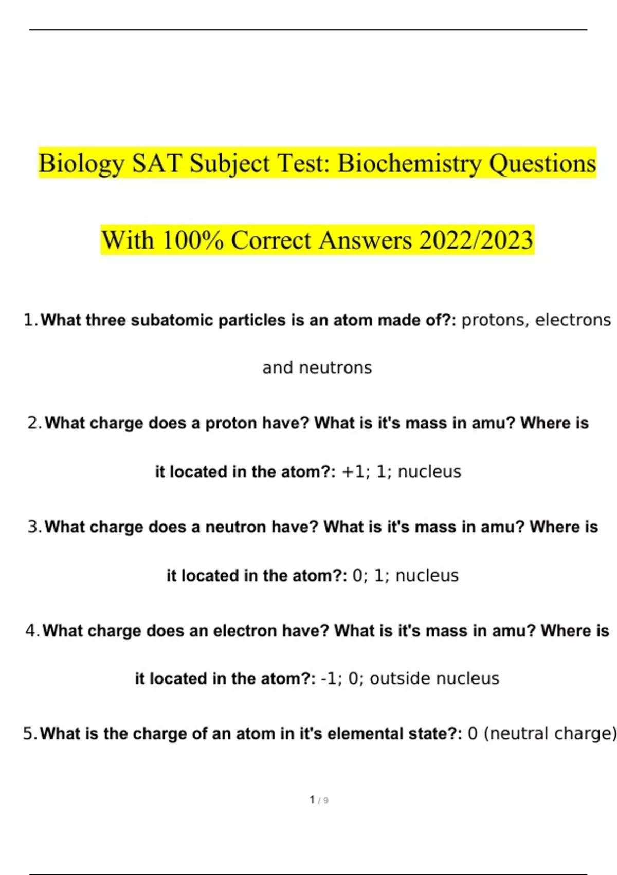 Biology SAT Subject Test: Biochemistry 2023 complete solution - Biology ...