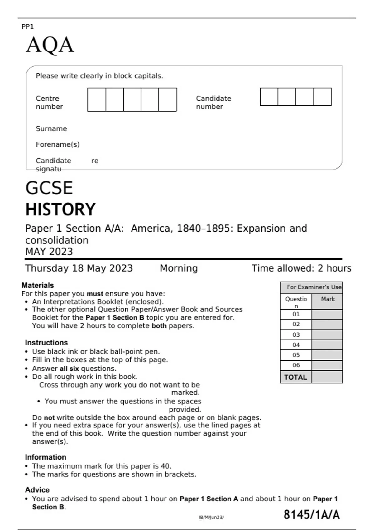 AQA GCSE HISTORY Paper 1 MAY 2023 FINAL QUESTION PAPER Section A/A
