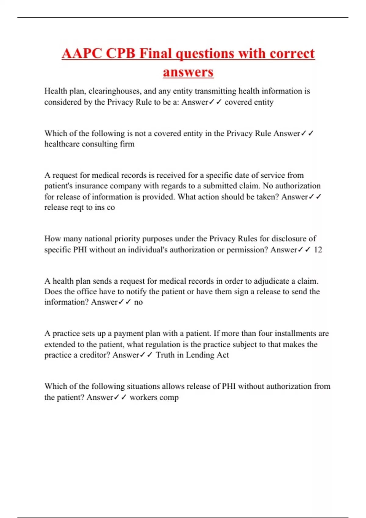 AAPC CPB Final questions with correct answers - AAPC CPB - Stuvia US