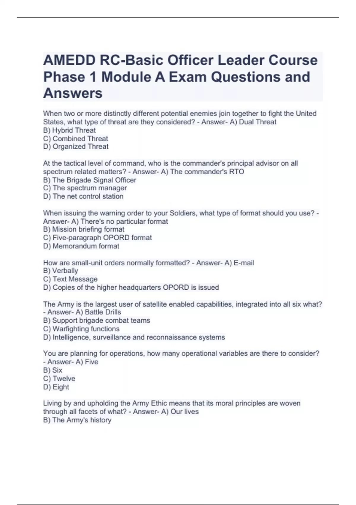 AMEDD RC-Basic Officer Leader Course Phase 1 Module A Exam Questions ...