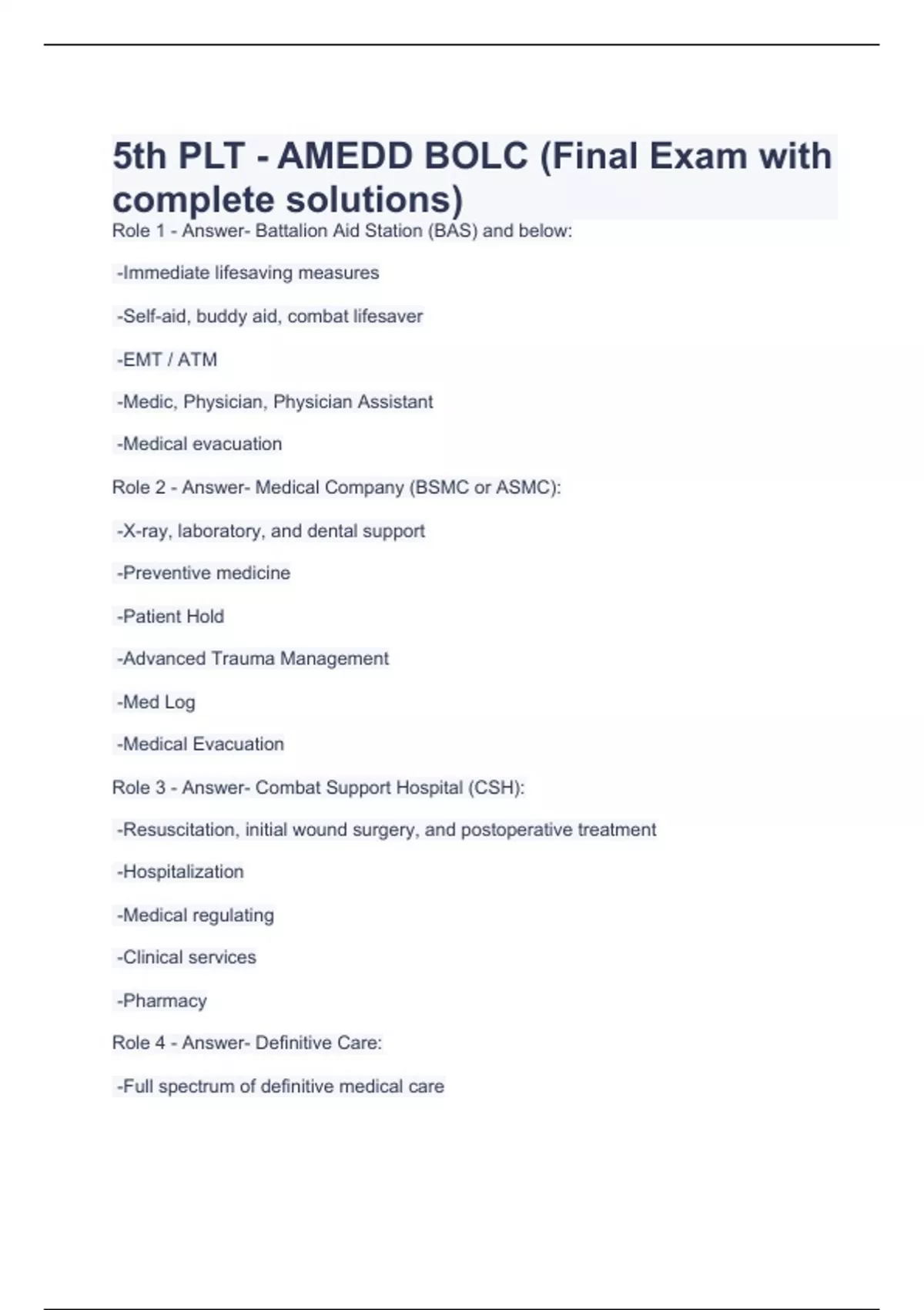 5th PLT - AMEDD BOLC (Final Exam with complete solutions) - AMEDD BOLC ...